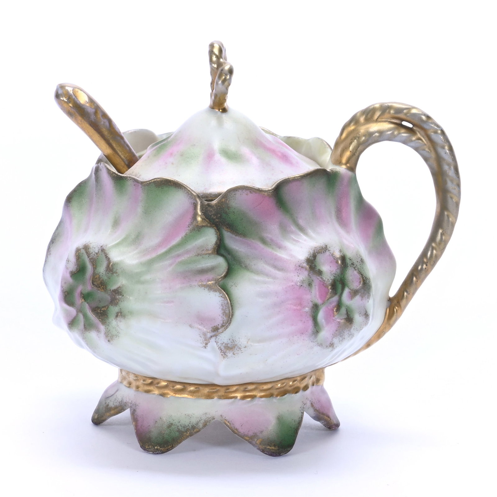 Mustard Jar, Unmarked R.S. Prussia, Sunflower Mold: Mustard Jar, Unmarked R.S. Prussia, Sunflower Mold, 3.5 x 3.5 x 3 Inches, Green, Pink, And Yellow Satin Finish With Original Spoon, 0.2 Pounds. LiveAuctioneers Invoices Must Be Paid Using the PAY NOW 