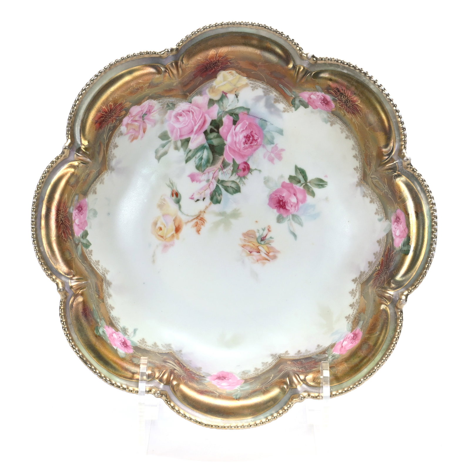Bowl, Marked R.S. Prussia: Bowl, Marked R.S. Prussia, 11 x 11 x 3 Inches, White Satin Finish With Pink And Yellow Rose Decor, Iridescent Gold Border, 1.4 Pounds. LiveAuctioneers Invoices Must Be Paid Using the PAY NOW / CHECK O