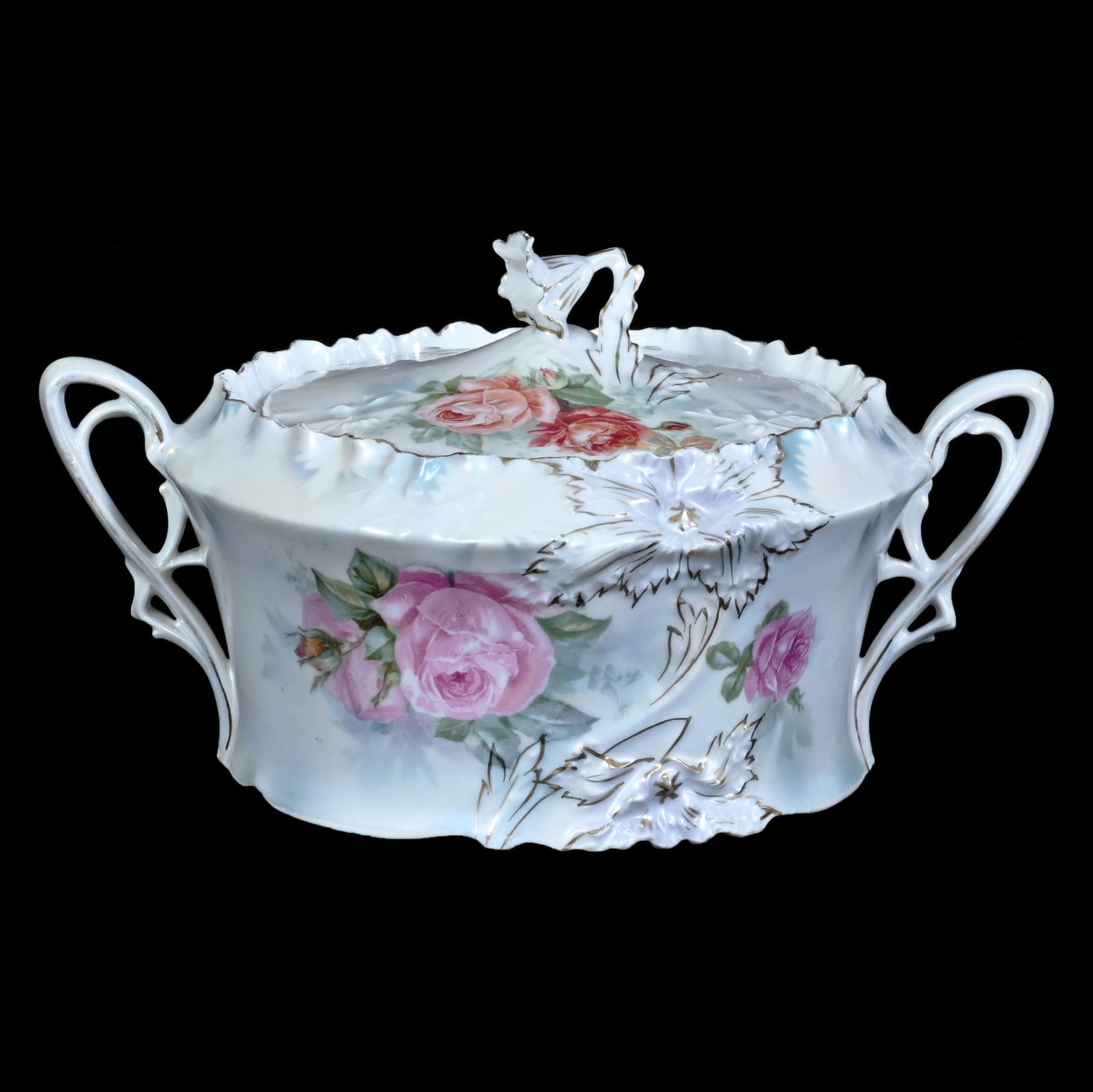 Two Handled Cracker Jar, Marked R.S. Prussia, Carnation Mold (1 of 3)