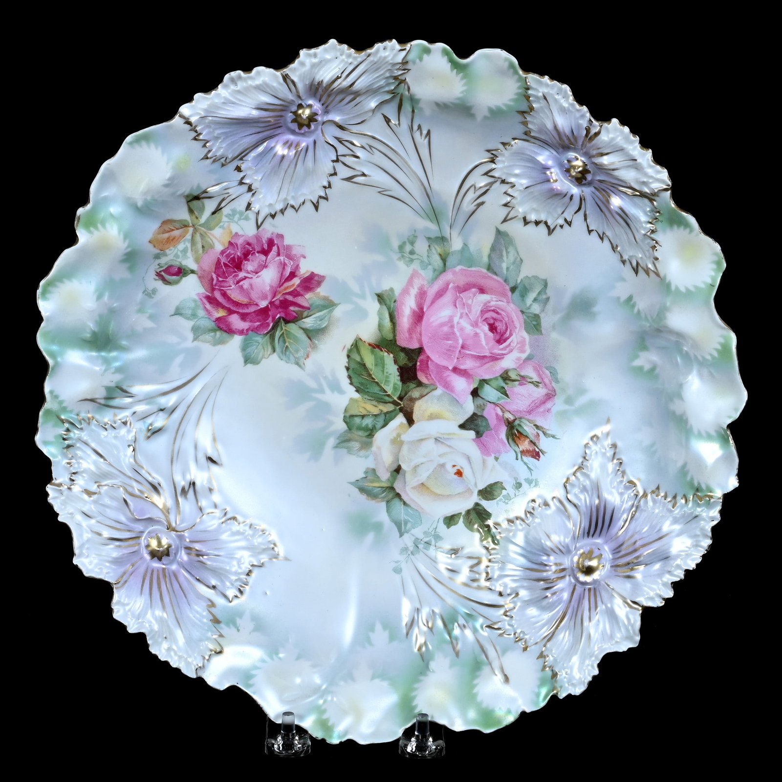 Charger, Marked R.S. Prussia, Carnation Mold: Charger, Marked R.S. Prussia, Carnation Mold, 12 x 12 x 1.75 Inches, Lavender, Green, And White Satin Finish With Pink And White Rose Decor, 1.3 Pounds. LiveAuctioneers Invoices Must Be Paid Using the
