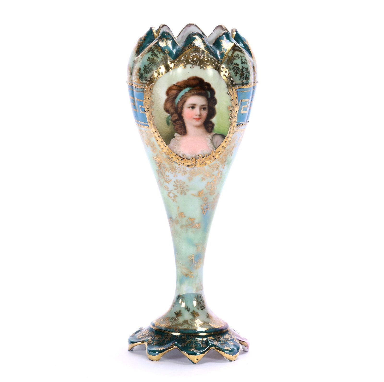Vase, Marked Royal Vienna: Vase, Marked Royal Vienna, 6.25 x 2.5 x 2.5 Inches, Two-Tone Green Luster Background With Medallion Portrait Of Potocka, Gold Stencil Highlights, 0.3 Pounds. LiveAuctioneers Invoices Must Be Paid Usin