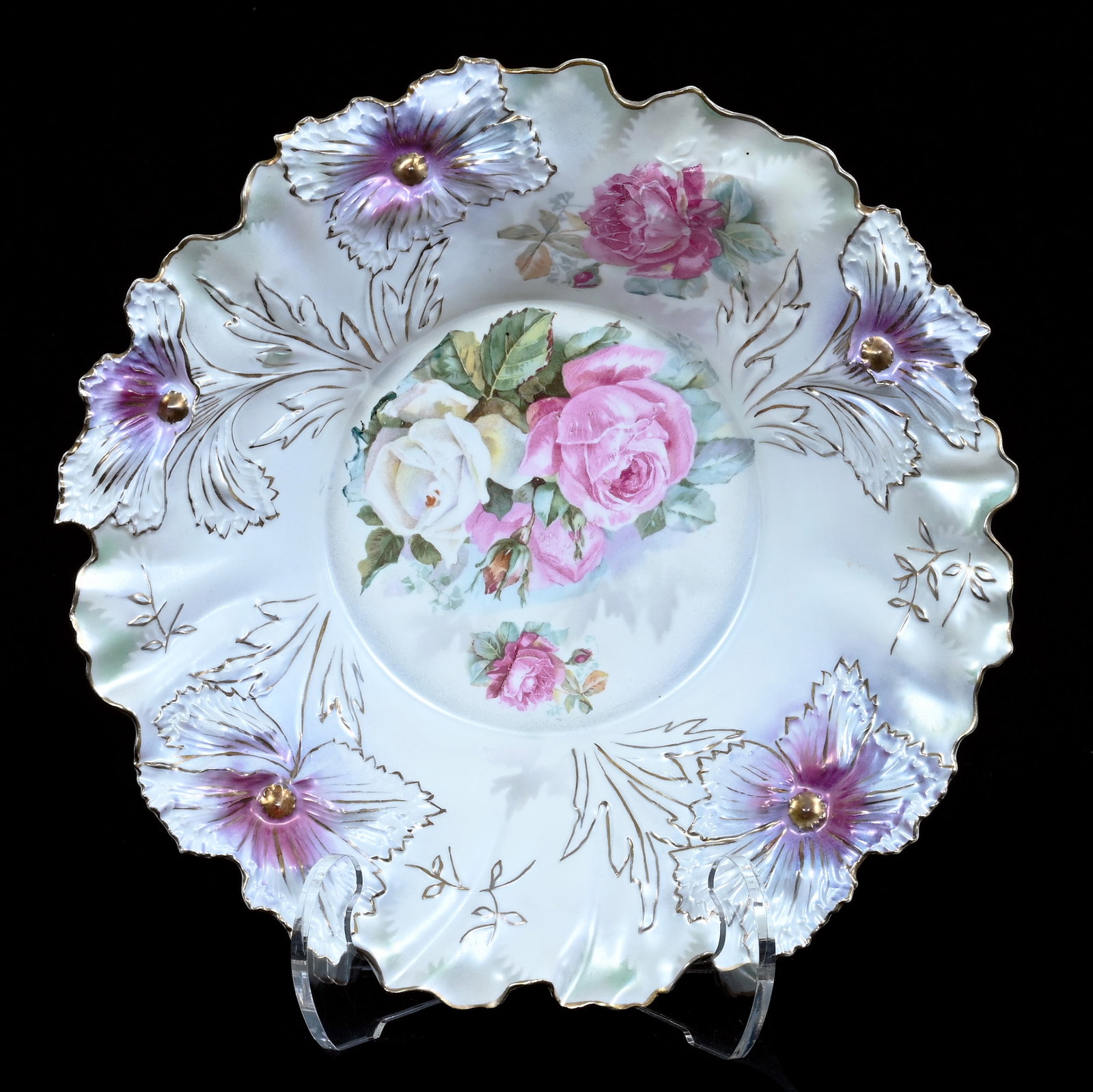 Bowl, Marked R.S. Prussia, Carnation Mold: Bowl, Marked R.S. Prussia, Carnation Mold, 11.75 x 11.75 x 3 Inches, Lavender, Green, And White Satin Finish With Pink And White Rose Decor, 1.3 Pounds. LiveAuctioneers Invoices Must Be Paid Using the