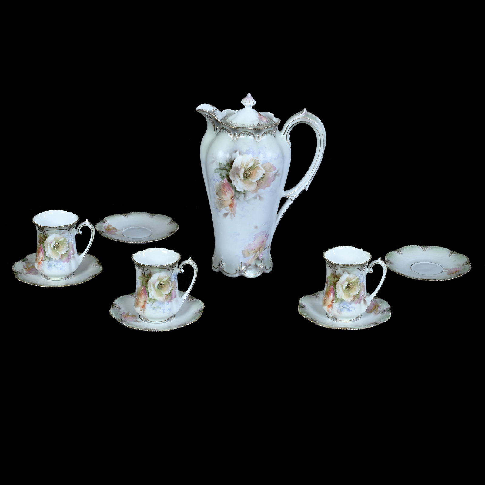Chocolate Set, Marked R.S. Prussia: Chocolate Set, Marked R.S. Prussia, 9.5 x 6.75 x 4.75 Inches, Green And White Satin Finish With White Poppy Decor, (3) Cups And (5) Saucers, 2.2 Pounds. LiveAuctioneers Invoices Must Be Paid Using