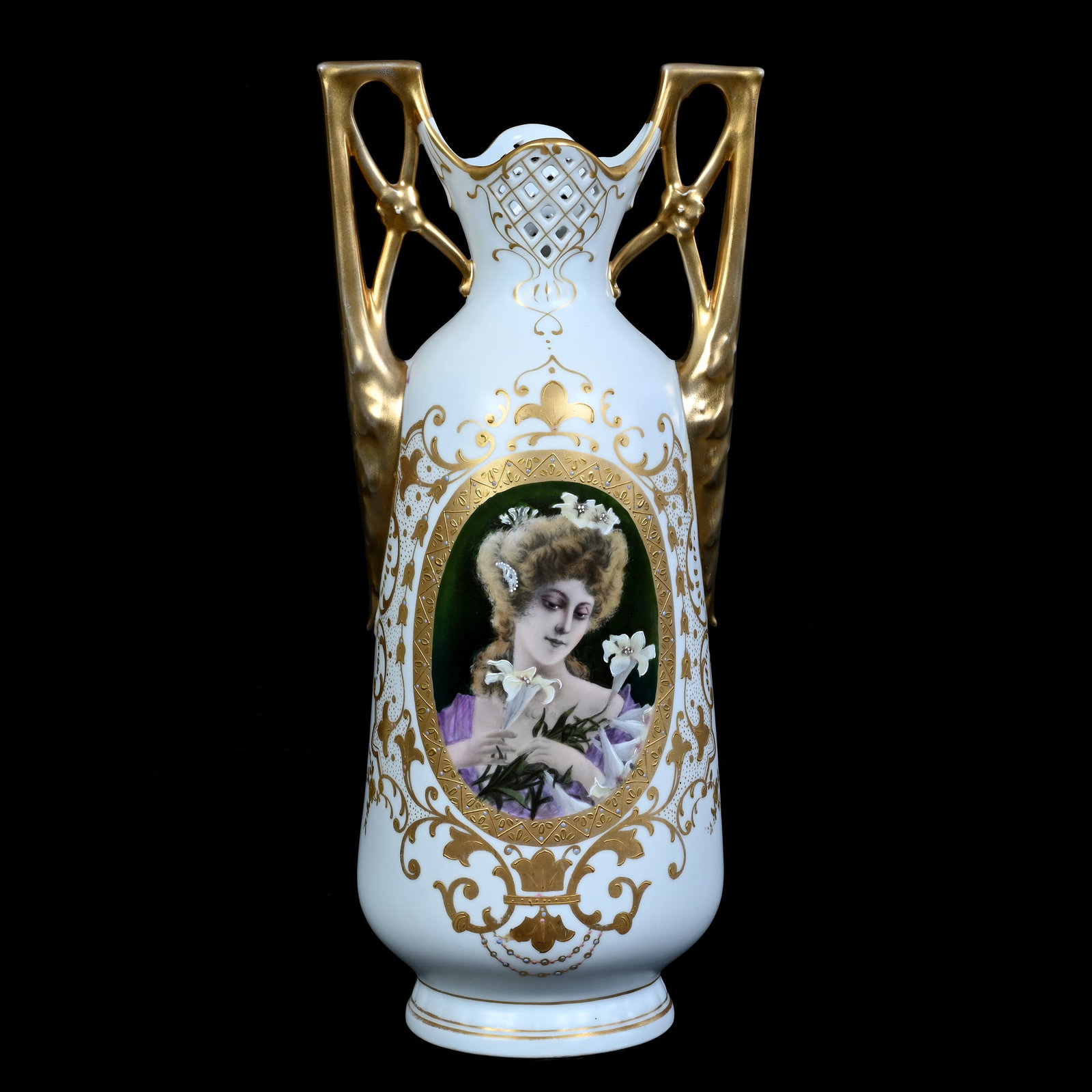 Two Handled Vase, Crown Mark: Two Handled Vase, Crown Mark, 14.25 x 6.5 x 5.25 Inches, White Satin Finish With Medallion Portrait Of Young Woman And Easter Lilies, Heavy Gold Highlights, 3 Pounds. LiveAuctioneers Invoices Must Be 
