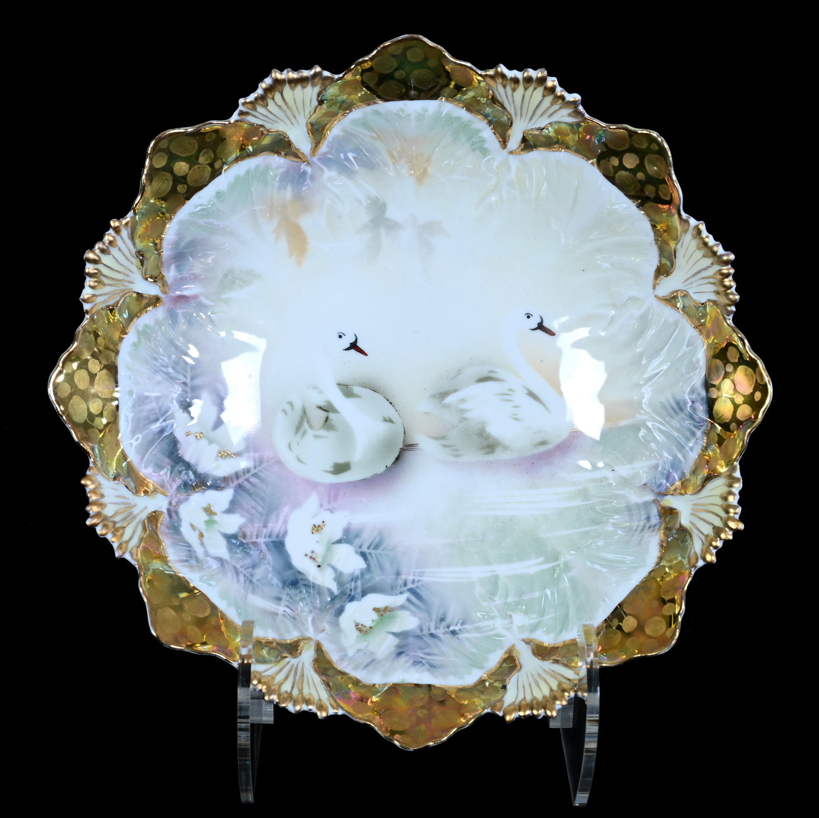 Bowl, Unmarked R.S. Prussia: Bowl, Unmarked R.S. Prussia, 10.5 x 10.5 x 3 Inches, White, Blue, And Green Luster Finish With Swan Decor, Iridescent Gold Border, Light Scene Wear, 1.1 Pounds. LiveAuctioneers Invoices Must Be Paid
