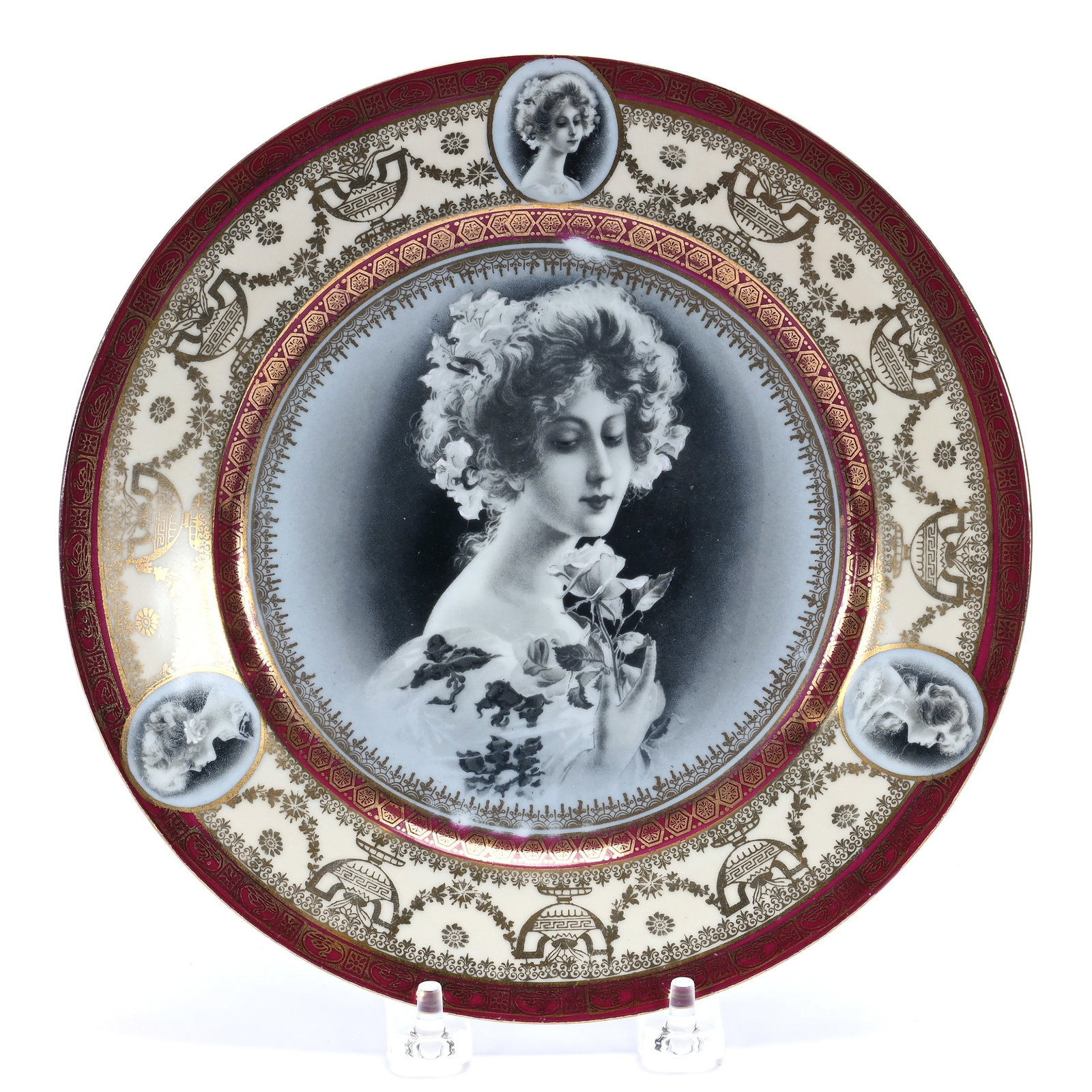 Plate, Marked Czechoslovakia And Beehive: Plate, Marked Czechoslovakia And Beehive, 8.5 x 8.5 x 1 Inches, Black And White Portraits With Cream And Maroon Border And Heavy Gold Stencil Highlights, 0.7 Pounds. LiveAuctioneers Invoices Must Be P