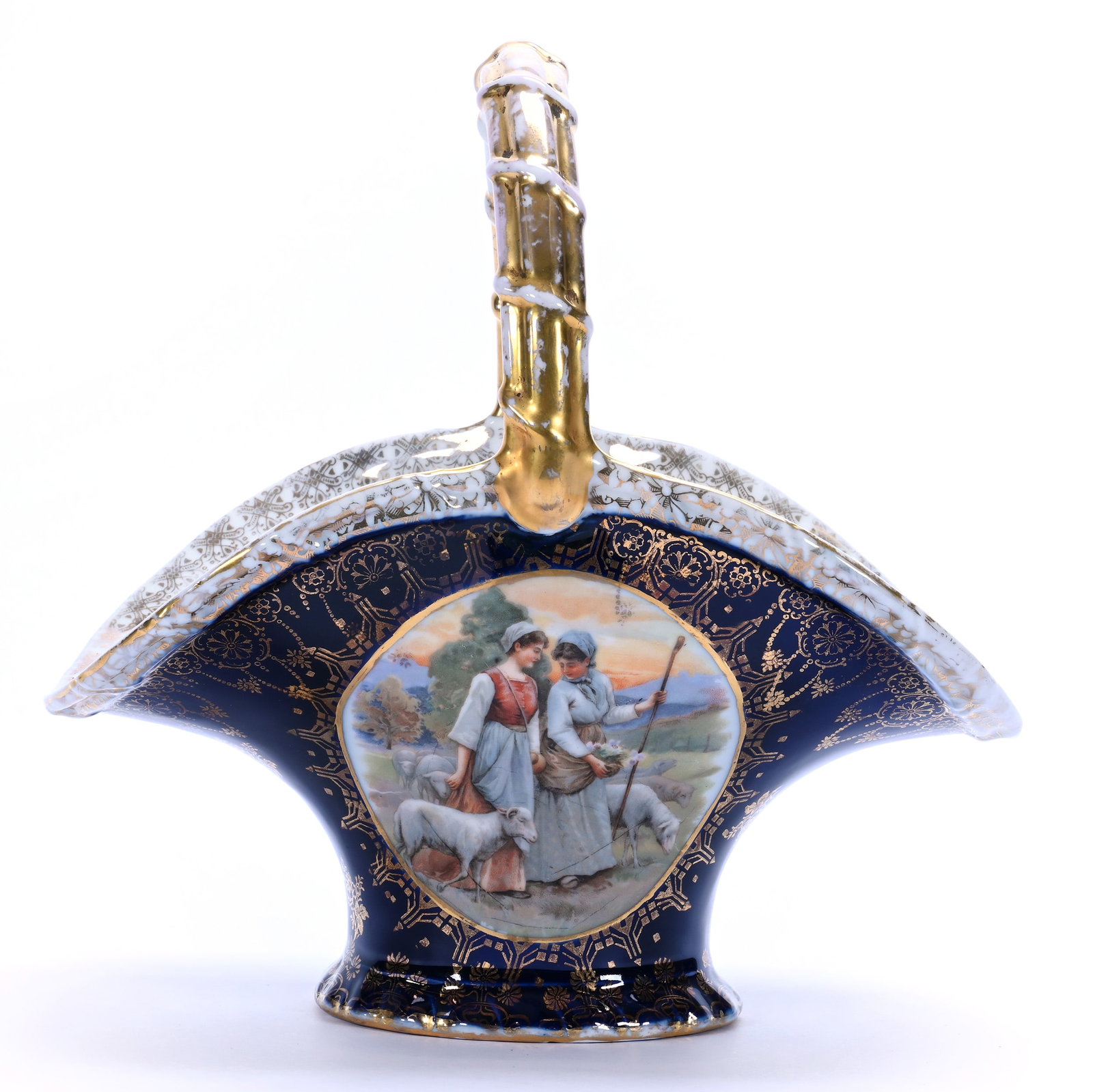 Basket, Marked E.S. Prussia: Basket, Marked E.S. Prussia, 9.5 x 10 x 6.25 Inches, Cobalt Blue With Shepherdess Scenic Decor And Gold Stencil Highlights, Some Gold Wear On Handle, 2.2 Pounds. LiveAuctioneers Invoices Must Be Paid