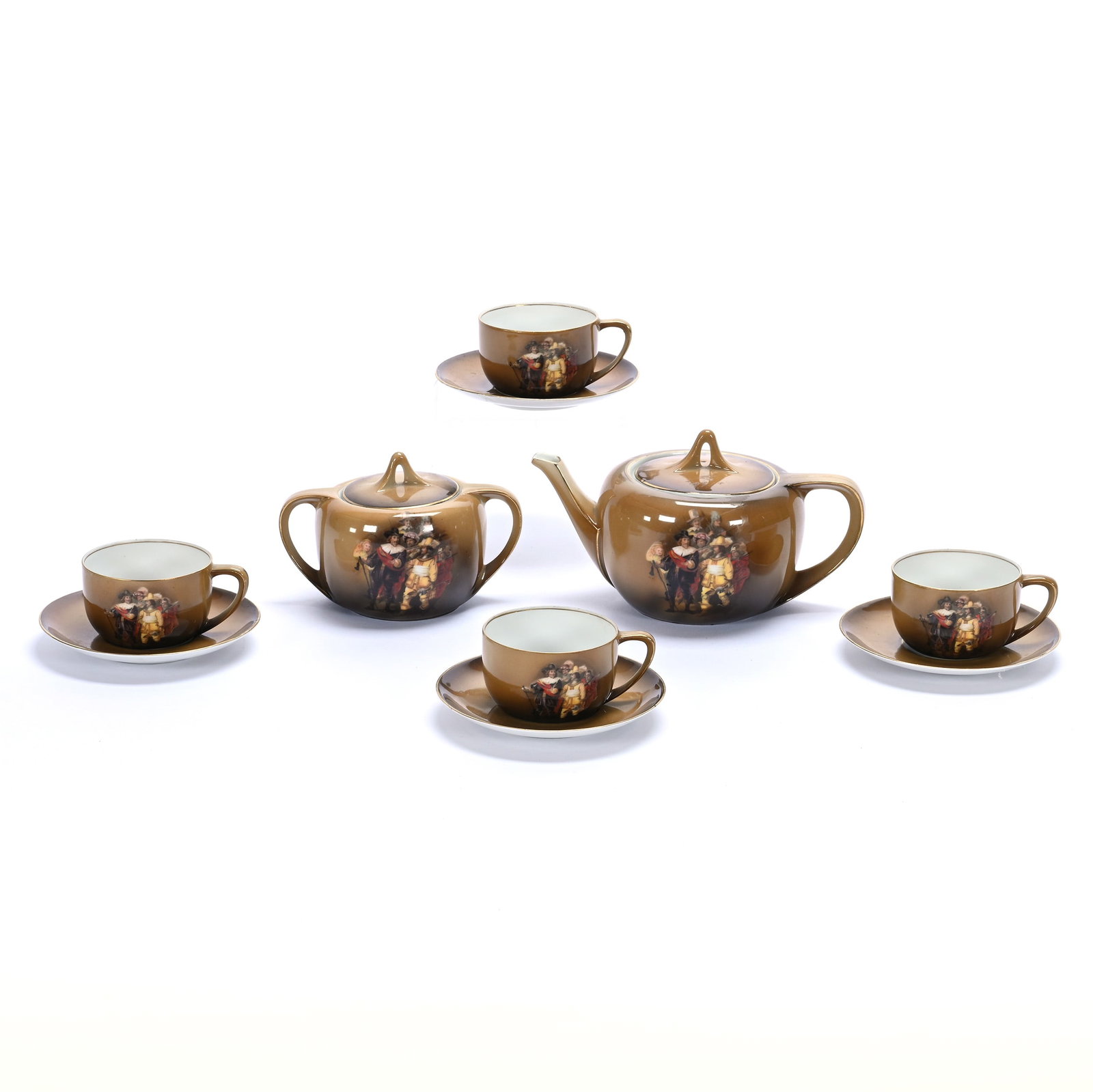 Tea Set: Tea Set, 4.25 x 8 x 4.75 Inches, Brown With Night Watchmen Scenic Decor, (1) Teapot With R.S. Germany Mark, (1) Unmarked Sugar, And (4) Unmarked Cups And Saucers, 2.5 Pounds. LiveAuctioneers Invoices