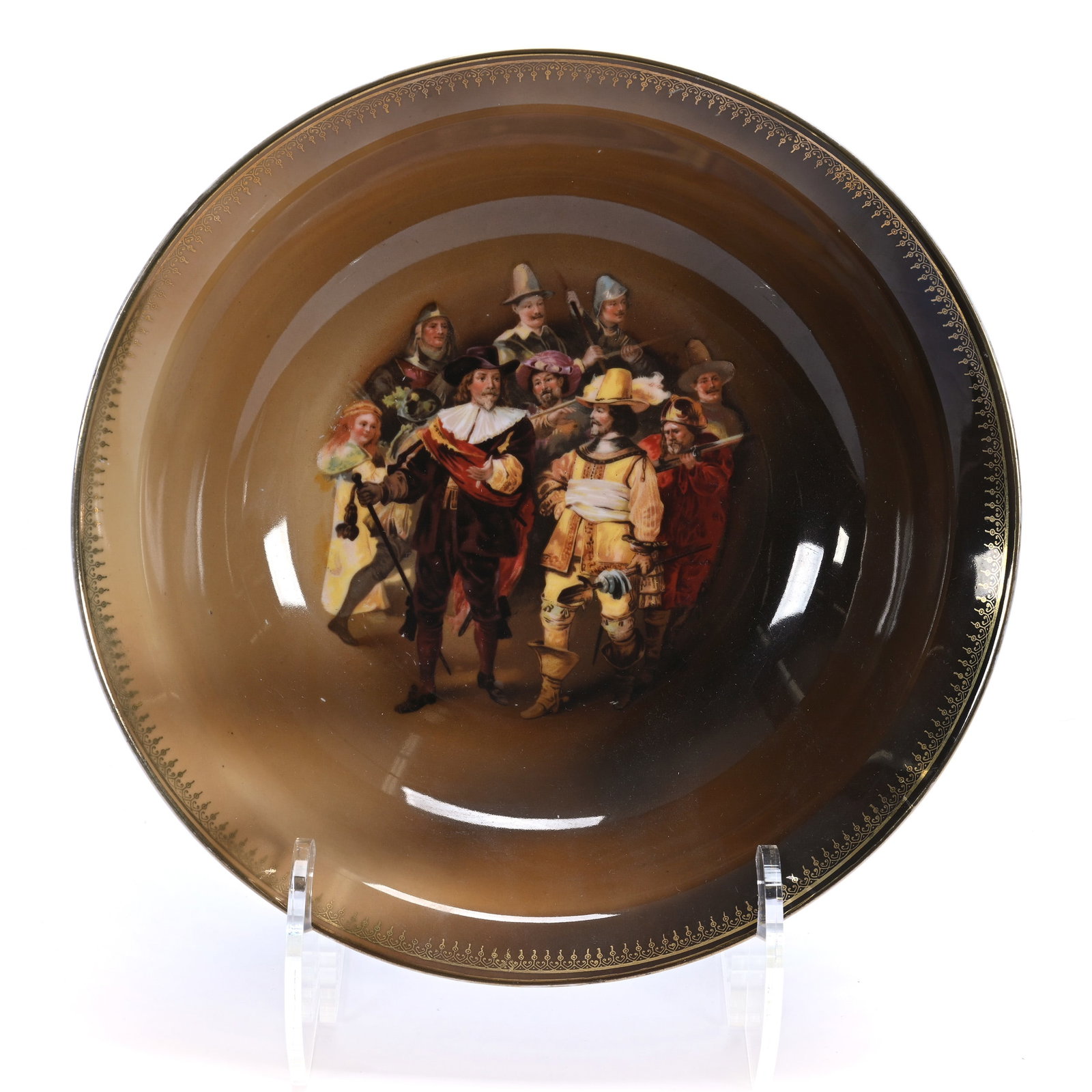 Bowl, Marked R.S. Germany: Bowl, Marked R.S. Germany, 9.75 x 9.75 x 2.5 Inches, Brown With Night Watchmen Scenic Decor, 1.1 Pounds. LiveAuctioneers Invoices Must Be Paid Using the PAY NOW / CHECK OUT Button Which Includes Fees
