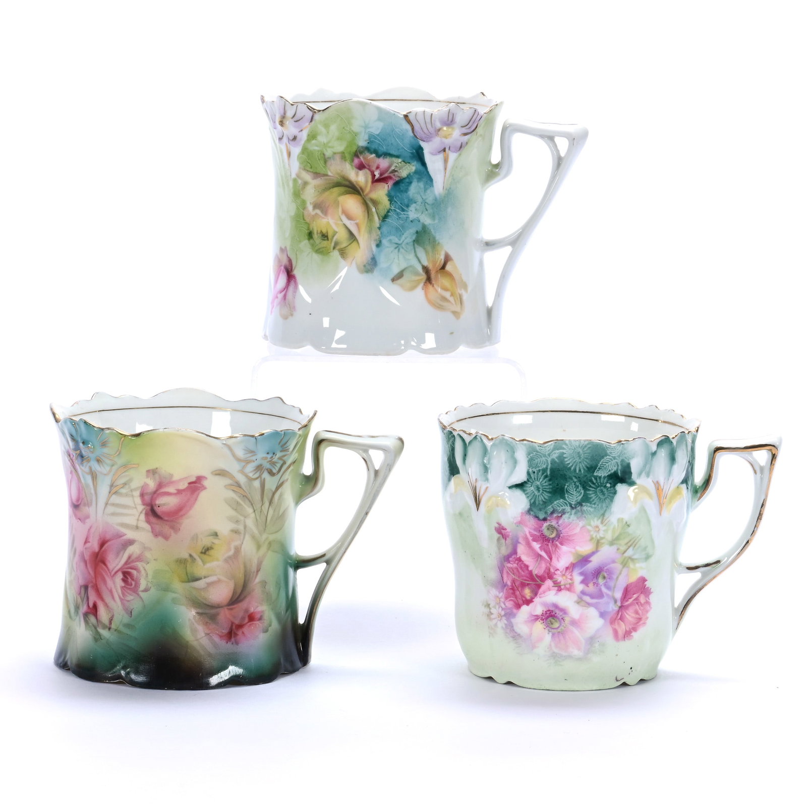 (3) Mugs: (3) Mugs, 3.75 x 5 x 3.75 Inches, (1) Lily Mold Unmarked, Green, Blue, And White Tones With Yellow Rose Decor, Small Edge Touchup (1) Lily Mold, Unmarked, Green, Yellow And Blue Tones With Pink And