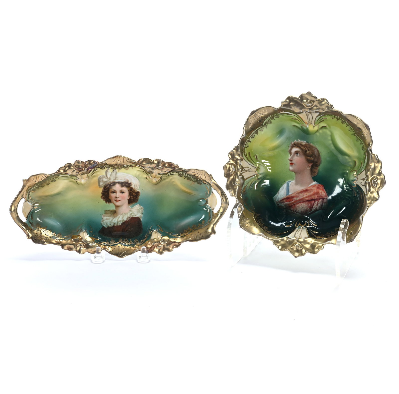 Relish Tray And Three-Footed Bowl, Unmarked R.S. Prussia, Lily Mold: Relish Tray And Three-Footed Bowl, Unmarked R.S. Prussia, Lily Mold, 9.5 x 4.5 x 1 Inches, Green And Yellow Tones With Heavy Gold Border, Relish Tray Has Lebrun With Hat Portrait, Bowl Measures 7"