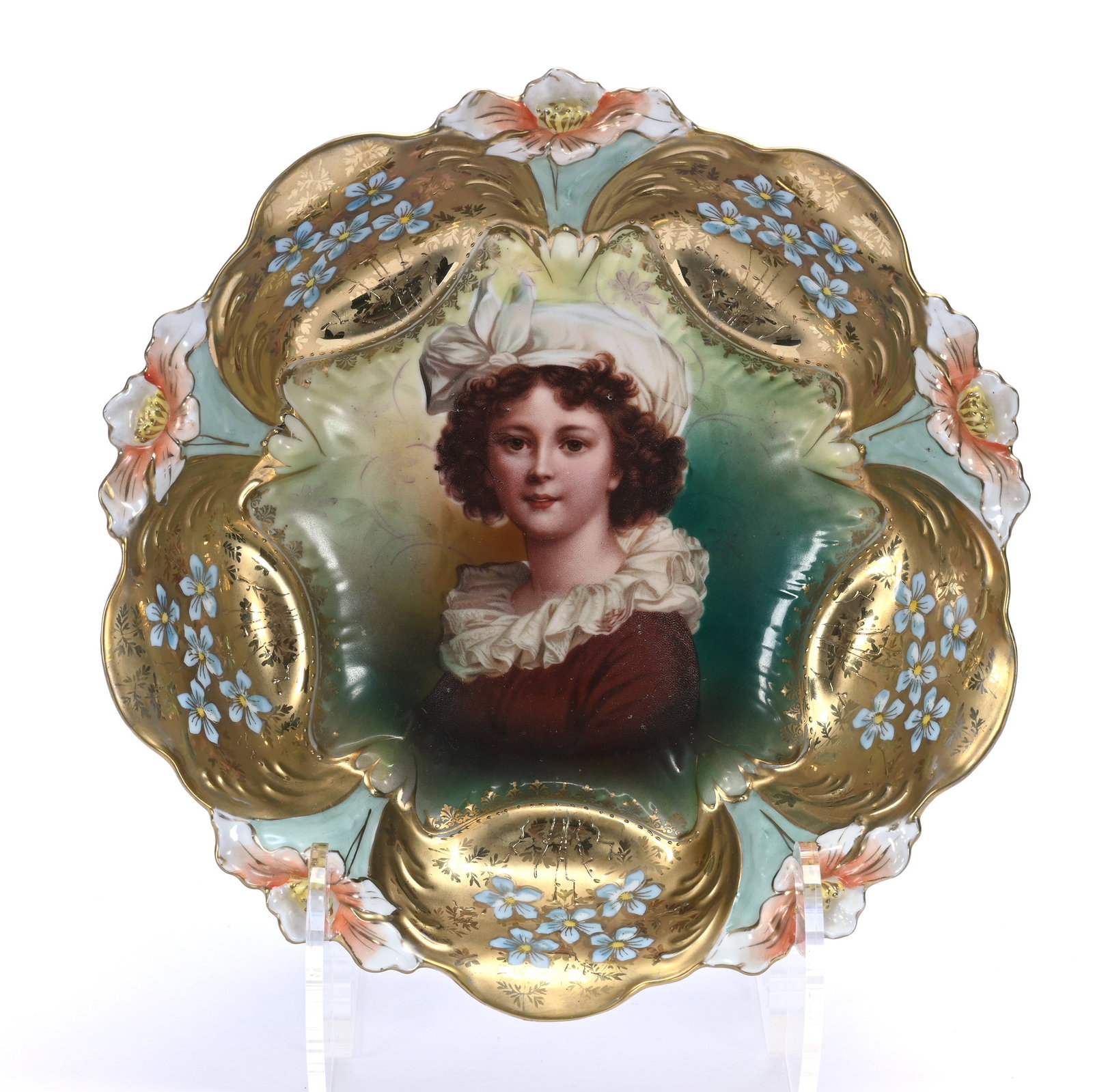 Bowl, Unmarked R.S. Prussia, Lily Mold: Bowl, Unmarked R.S. Prussia, Lily Mold, 9.25 x 9.25 x 2.5 Inches, Green And Yellow Background With Portrait Of Lebrun With Hat, Heavy Gold Border Featuring Blue Floral Highlights, 0.8 Pounds.