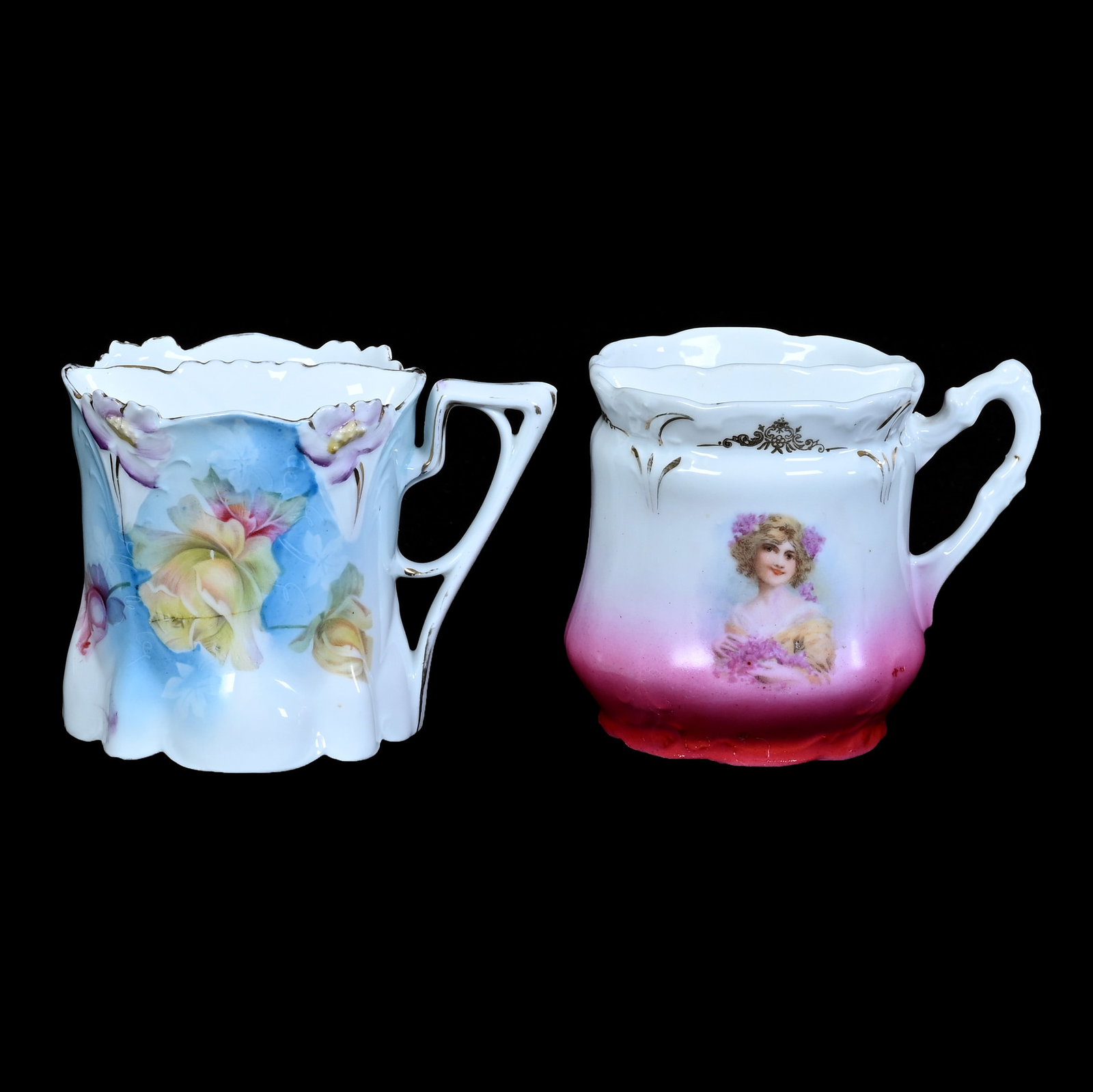 (2) Shaving Mugs, Unmarked Germany And Prussia: (2) Shaving Mugs, Unmarked Germany And Prussia, 3.5 x 4.75 x 3.5 Inches, (1) Lily Mold, Blue And White Rose Decor, (1) Pink And White With Young Female Portrait Decor, 0.9 Pounds. LiveAuctioneers