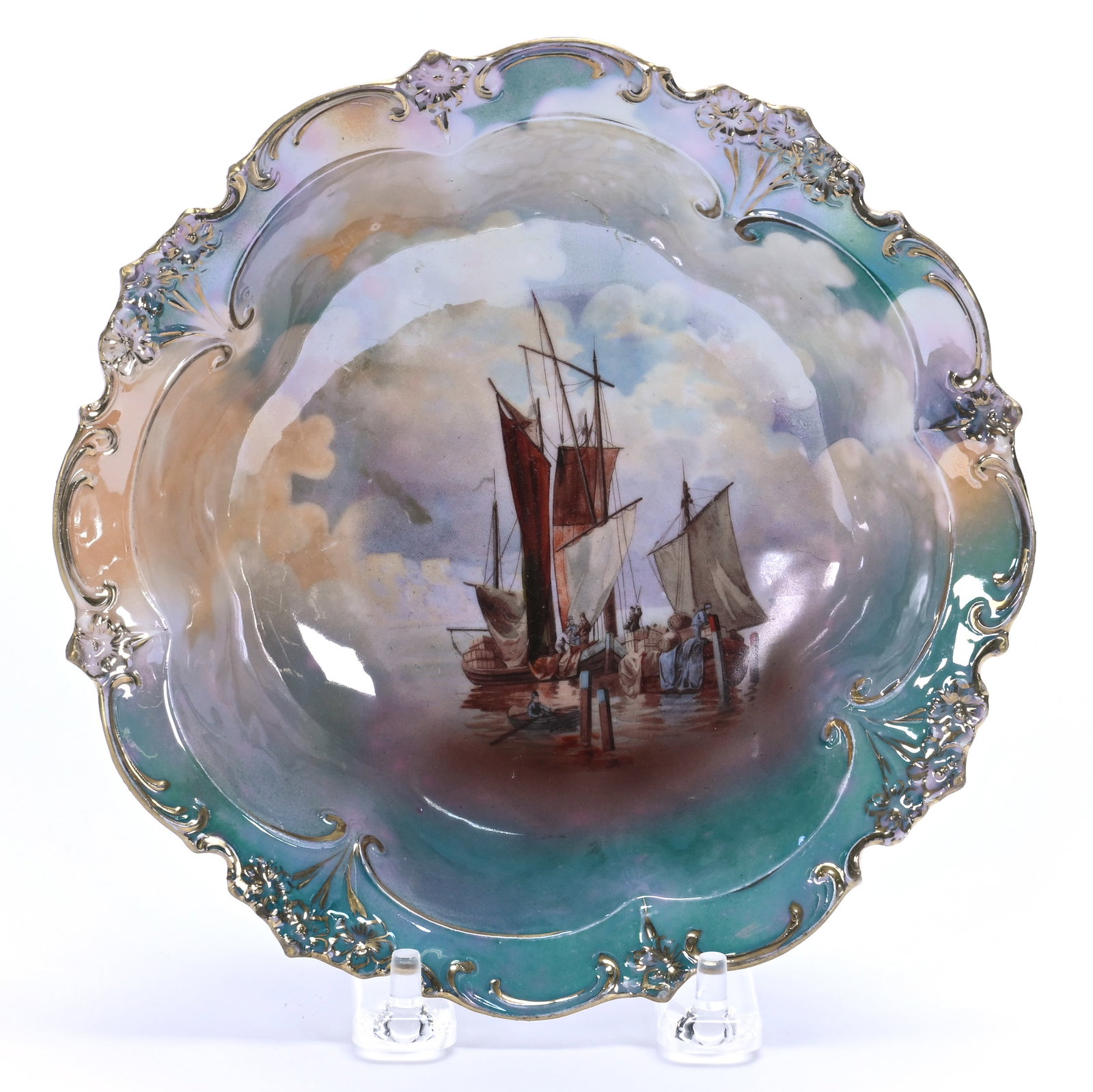 Three-Footed Bowl, Marked R.S. Prussia: Three-Footed Bowl, Marked R.S. Prussia, 7 x 7 x 2.25 Inches, Masted Schooner Scenic Decor, Green, Orange, And White Luster Finish, 0.4 Pounds. LiveAuctioneers Invoices Must Be Paid Using the PAY NOW