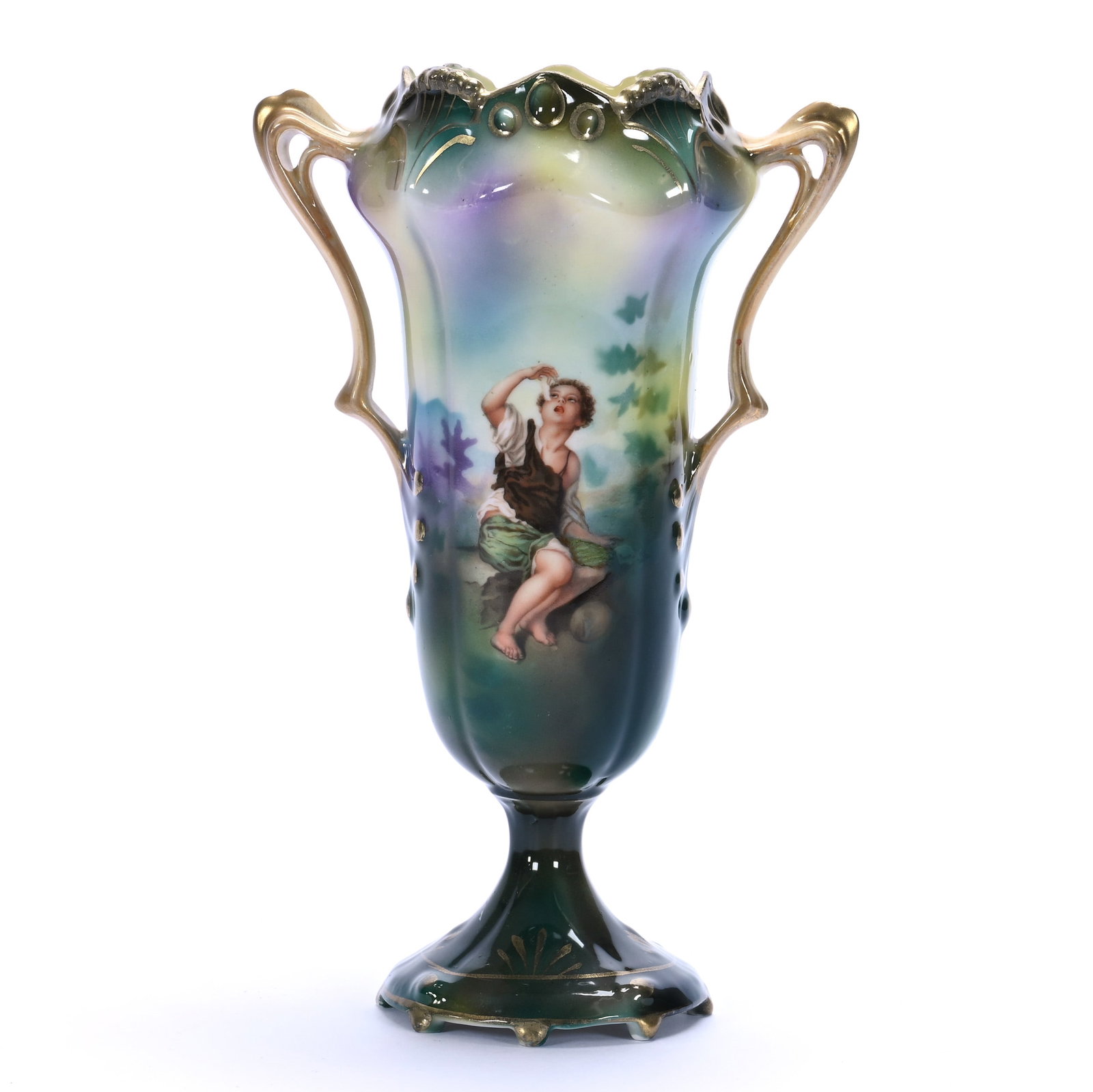 Pedestal Two Handled Vase, Unmarked R.S. Prussia, Jewel Mold: Pedestal Two Handled Vase, Unmarked R.S. Prussia, Jewel Mold, 8 x 5 x 3.5 Inches, Green, Yellow, And Lavender Tones With Melon Eater Scenic Decor, 0.6 Pounds. LiveAuctioneers Invoices Must Be Paid Usi