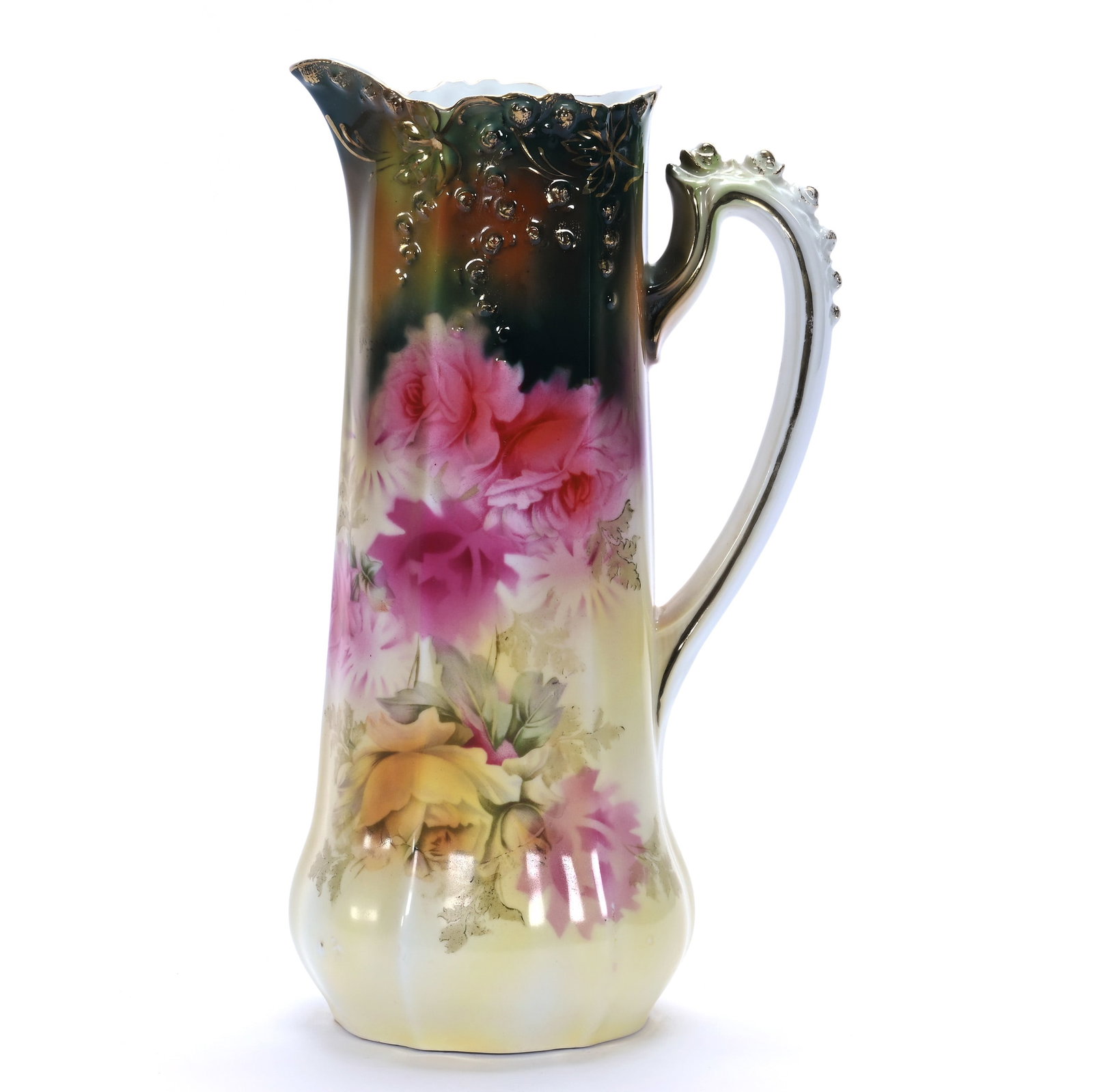 Tankard, Marked R.S. Prussia, Rose Bud Mold: Tankard, Marked R.S. Prussia, Rose Bud Mold, 11.5 x 6.5 x 4.75 Inches, Green And Yellow Tones With Pink And Yellow Rose Decor, 1.8 Pounds. LiveAuctioneers Invoices Must Be Paid Using the PAY NOW /