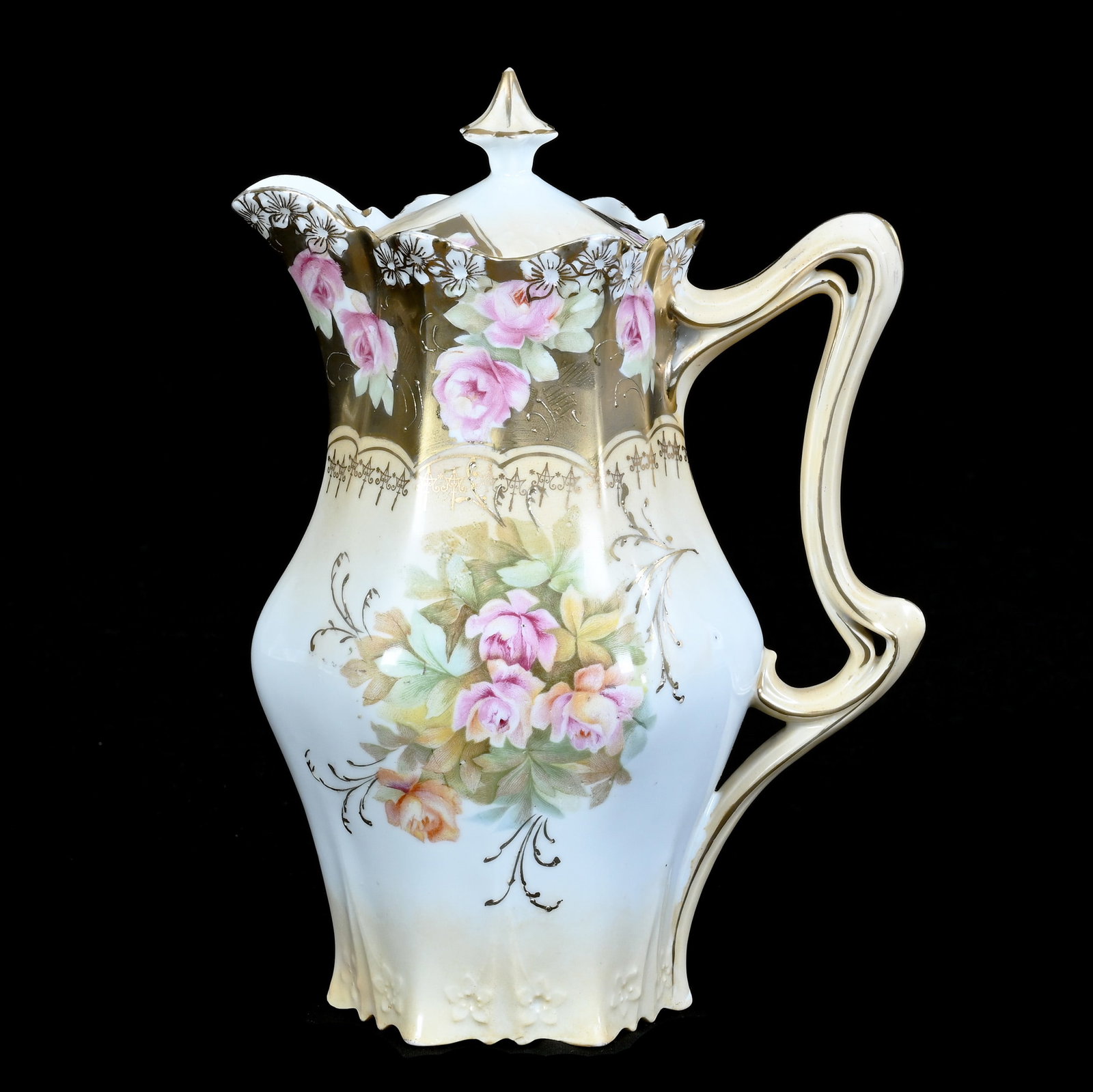 Chocolate Pot, Unmarked R.S. Prussia: Chocolate Pot, Unmarked R.S. Prussia, 9.25 x 6.75 x 4.5 Inches, Cream And White Tones With Pink Rose Decor And Heavy Gold Border, 1.5 Pounds. LiveAuctioneers Invoices Must Be Paid Using the PAY NOW /