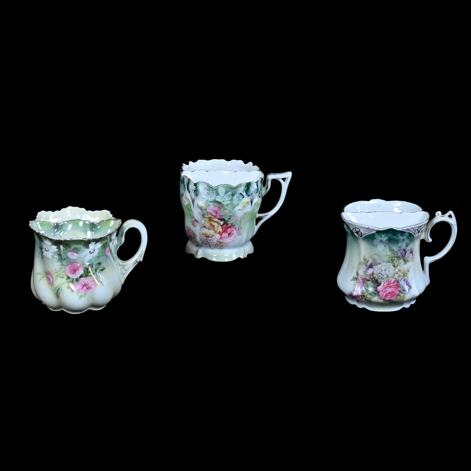 (3) Shaving Mugs, Marked R.S. Prussia: (3) Shaving Mugs, Marked R.S. Prussia, 3.5 x 4.5 x 3.5 Inches, Green And White Tones (1) Iris Mold With Rose Decor, (1) Pink Rose And Dogwood Decor With Luster Finish, (1) Glass Bowl Decor, 1.3 Pounds