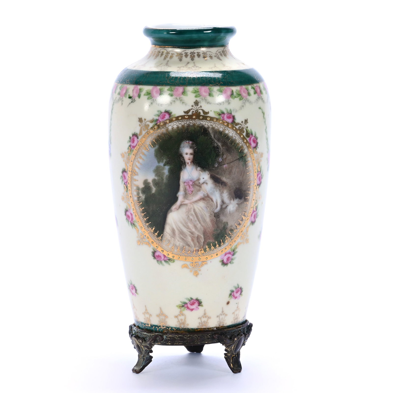 Vase, Green Old English Masters Mark (R.S. Prussia): Vase, Green Old English Masters Mark (R.S. Prussia), 6 x 2.75 x 2.75 Inches, Cream Background With Green Border, Medallion Scene Of Woman Seated With Dog, Floral Garland Highlights, 0.4 Pounds.