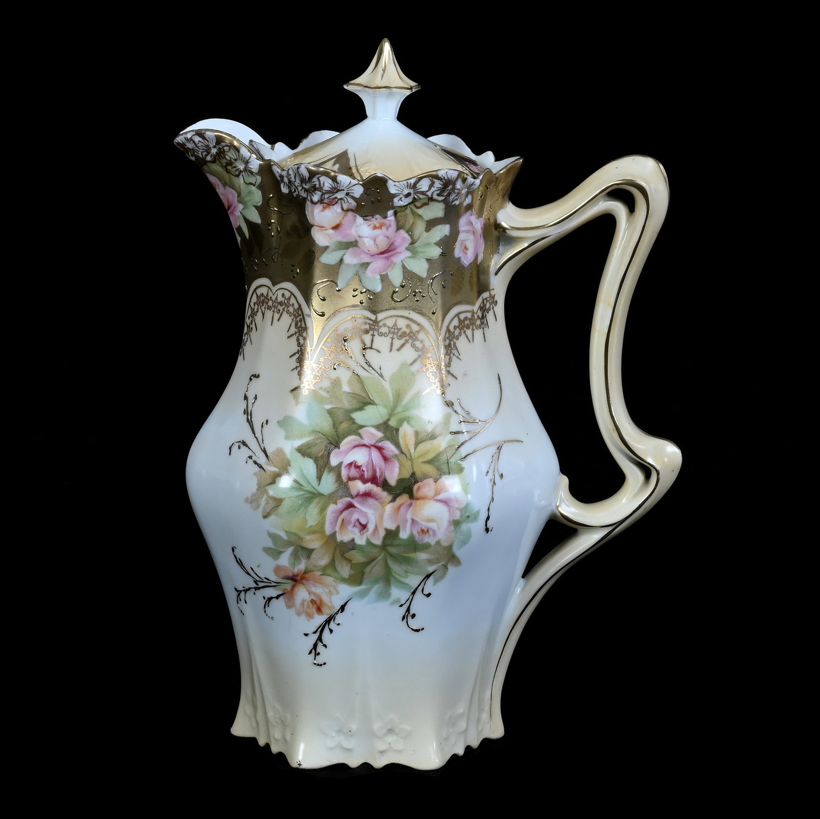 Chocolate Pot, Unmarked R.S. Prussia: Chocolate Pot, Unmarked R.S. Prussia, 9.25 x 6.75 x 4.75 Inches, Cream And White Tones With Pink Rose Decor And Heavy Gold Border, Rim Nick, 1.5 Pounds. LiveAuctioneers Invoices Must Be Paid Using