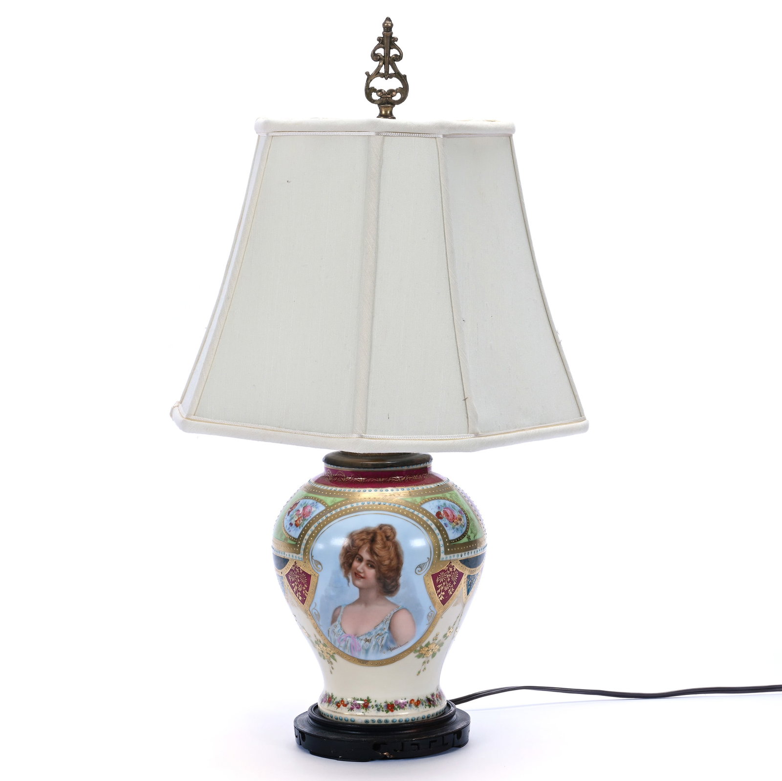 Table Lamp, Unmarked Prov Saxe: Table Lamp, Unmarked Prov Saxe, 21 x 10.5 x 10.5 Inches, Cream, Green, And Maroon Background With Portrait Of Young Woman, Wood Base, Electrified Single Light, Fabric Shade, Slight Damage To Wood