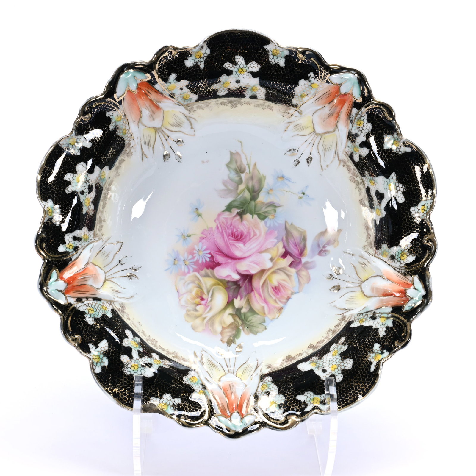 Bowl, Unmarked R.S. Prussia: Bowl, Unmarked R.S. Prussia, 10.5 x 10.5 x 2.75 Inches, White And Yellow With Pink And Yellow Rose Decor, Black Border With Gold Stencil Highlights, 1 Pound. LiveAuctioneers Invoices Must Be Paid
