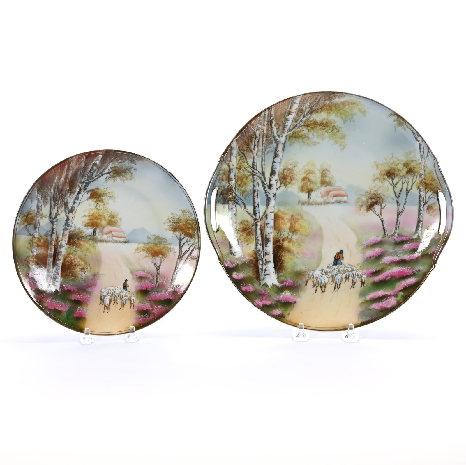Two Handled Cake Plate And Plate, Marked R.S. Germany: Two Handled Cake Plate And Plate, Marked R.S. Germany, 11 x 10.75 x 1.5 Inches, Sheepherder Scenic Decor, Small Plate Measures 8.25" Diameter, 2 Pounds. LiveAuctioneers Invoices Must Be Paid Using