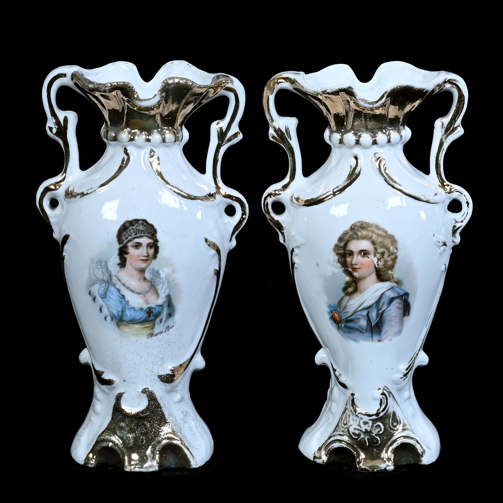 Pair Two Handled Vases, Unmarked R.S. Germany: Pair Two Handled Vases, Unmarked R.S. Germany, 7.5 x 4 x 2.5 Inches, White With Portrait Decors And Gold Trim Highlights, 0.7 Pounds. LiveAuctioneers Invoices Must Be Paid Using the PAY NOW / CHECK