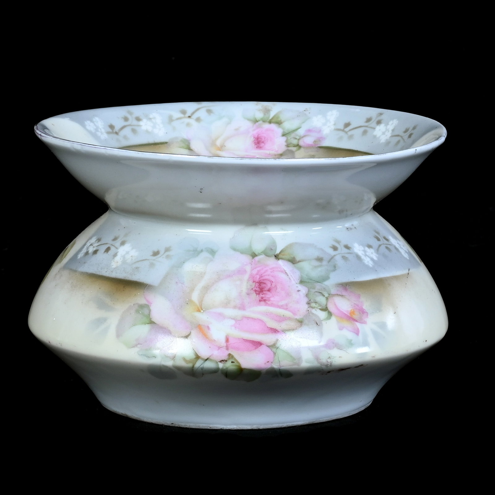 Spittoon, Marked Suhl Prussia: Spittoon, Marked Suhl Prussia, 5.5 x 8 x 8 Inches, Gray And Cream Tones With Pink Rose Decor, Hard To See Hairline, 2.3 Pounds. LiveAuctioneers Invoices Must Be Paid Using the PAY NOW / CHECK OUT
