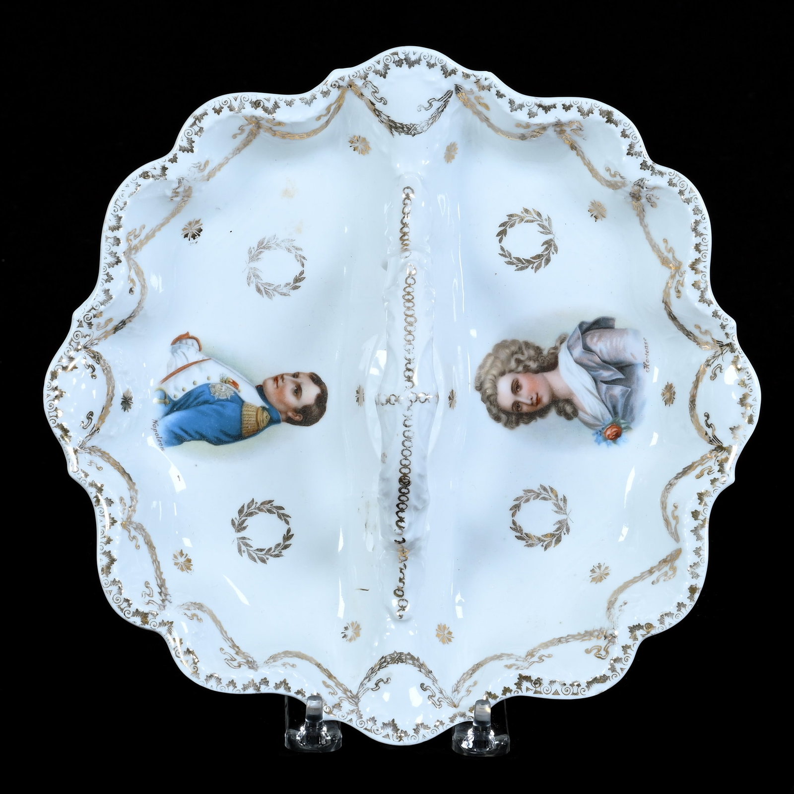 Handled Divided Bowl, Marked Fontainebleau Germany: Handled Divided Bowl, Marked Fontainebleau Germany, 3 x 9.25 x 9.5 Inches, White With Portraits Of Napolean And Hortense, Gold Stencil Highlights, 1.3 Pounds. LiveAuctioneers Invoices Must Be Paid Usi