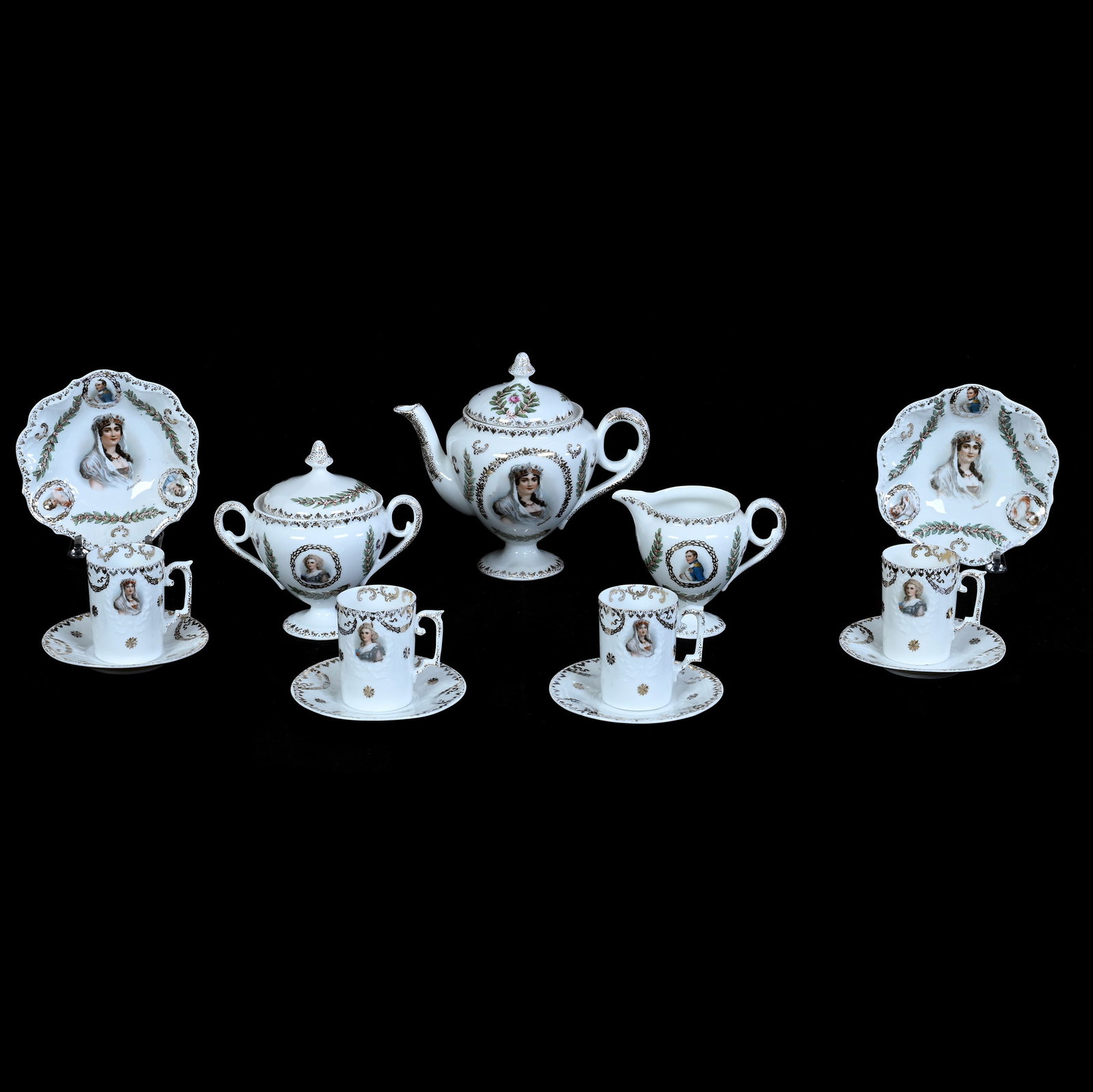 (9) Piece Tea Set, Marked Prov Saxe: (9) Piece Tea Set, Marked Prov Saxe, 6.26 x 7.25 x 4 Inches, White With Medallion Portraits Featuring Josephine, Napolean, And Others, (1) Teapot With Creamer And Sugar, (2) 5.25" Berry Bowls, And