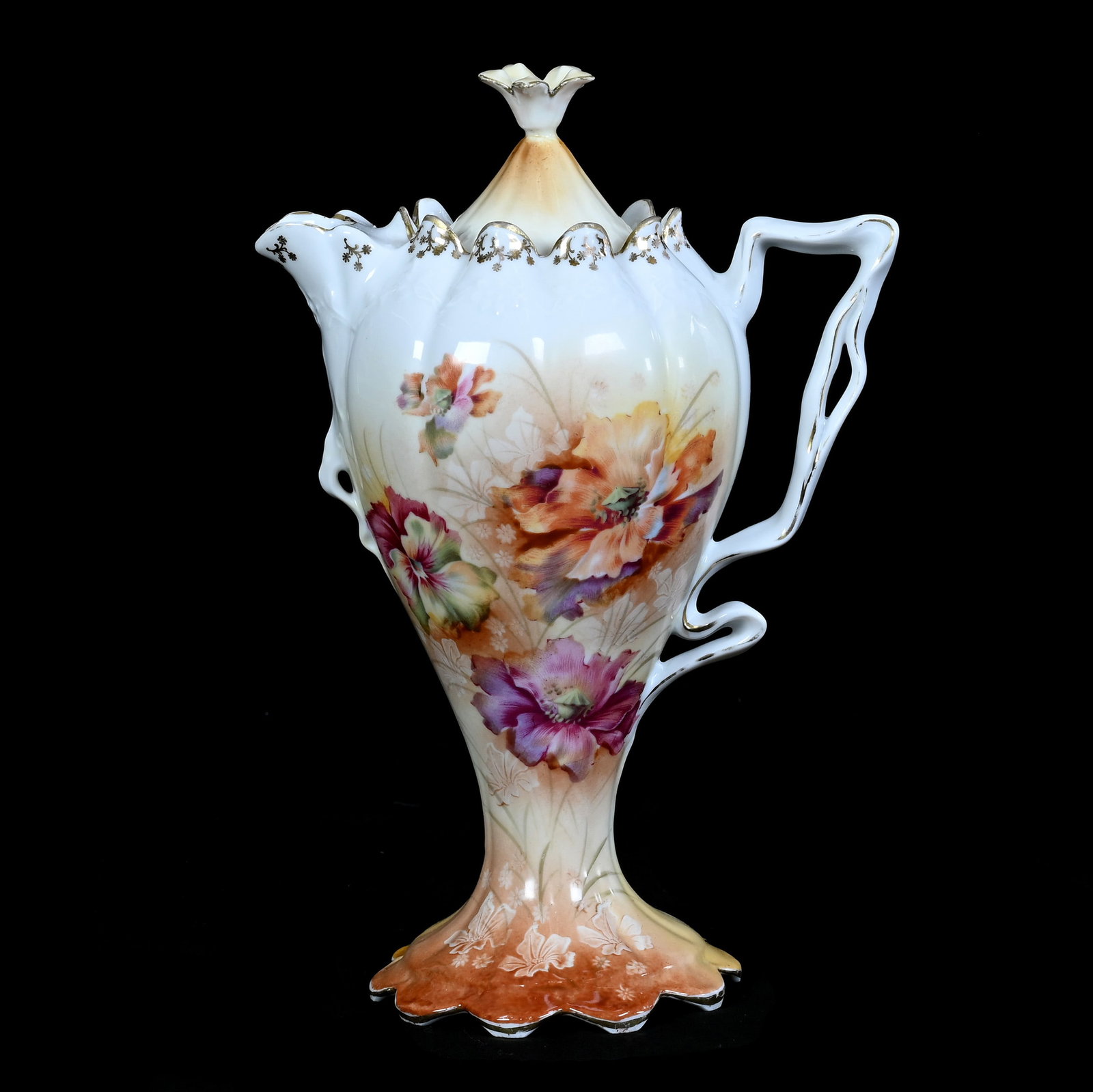 Chocolate Pot, Unmarked R.S. Prussia: Chocolate Pot, Unmarked R.S. Prussia, 10 x 6.75 x 4.25 Inches, Brown, Yellow, And White Tones With Wild Poppy Decor, Professional Finial Repair, 1.3 Pounds. LiveAuctioneers Invoices Must Be Paid