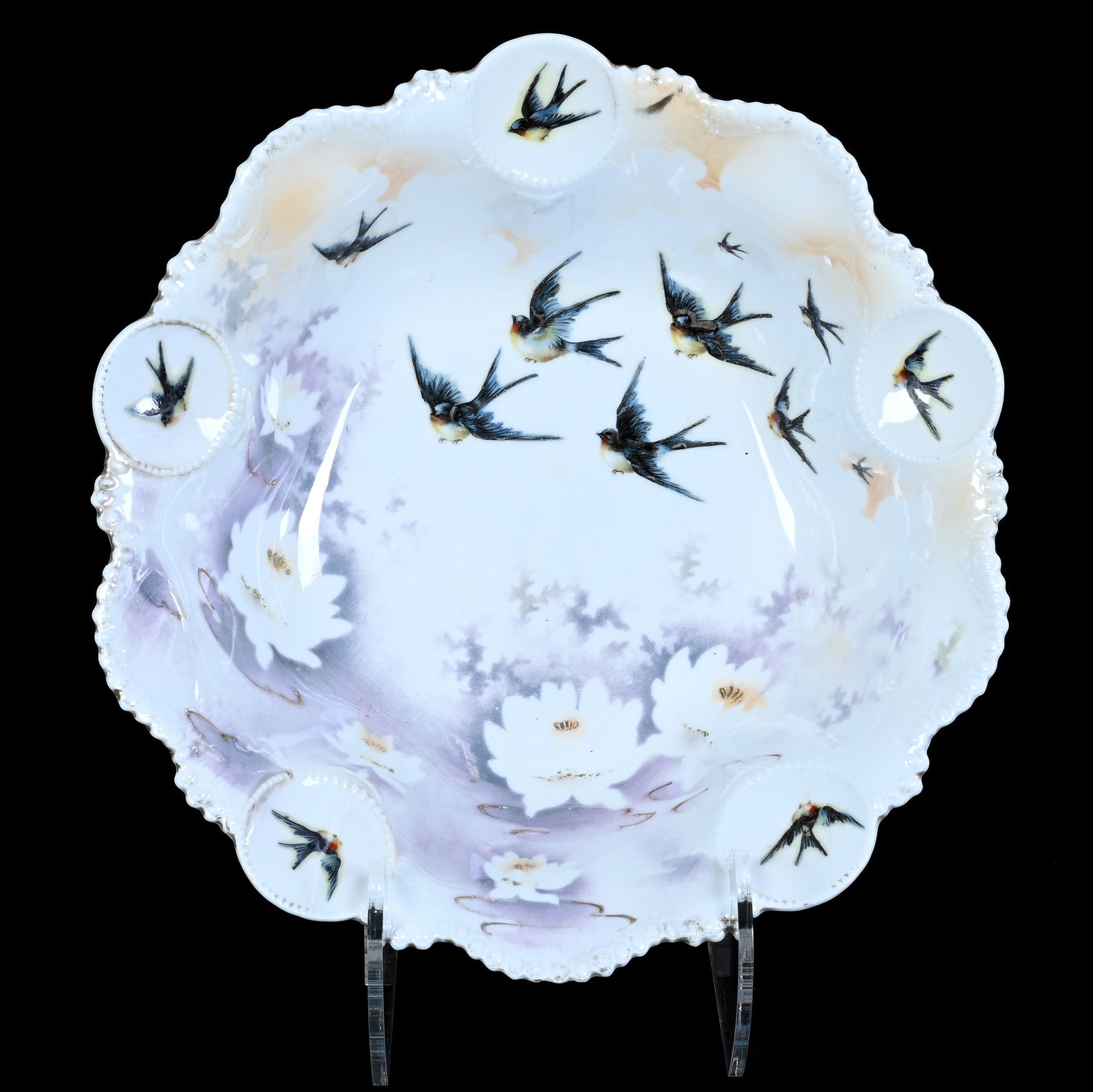 Bowl, Marked R.S. Prussia, Medallion Mold: Bowl, Marked R.S. Prussia, Medallion Mold, 11 x 11 x 3 Inches, White, Lavender, And Orange Luster Finish With Water Lily And Bluebirds Scenic Decor, 1.3 Pounds. LiveAuctioneers Invoices Must Be Paid