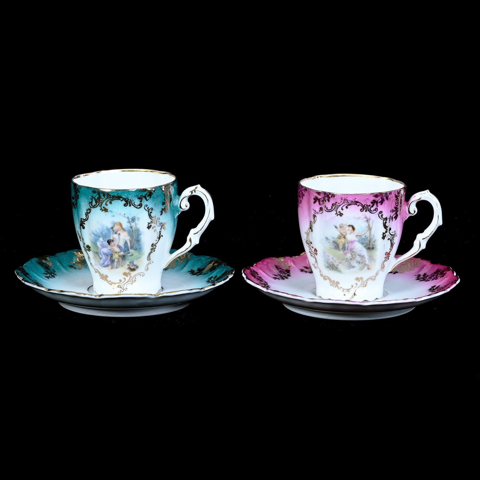 Pair Cups And Saucers, Unmarked Prussia Style: Pair Cups+C309 And Saucers, Unmarked Prussia Style, 2.5 x 4.5 x 4.5 Inches, Classic Scene Of Woman And Cherubs (1) Pink And White, (1) Turquoise And White, 0.4 Pounds. LiveAuctioneers Invoices Must