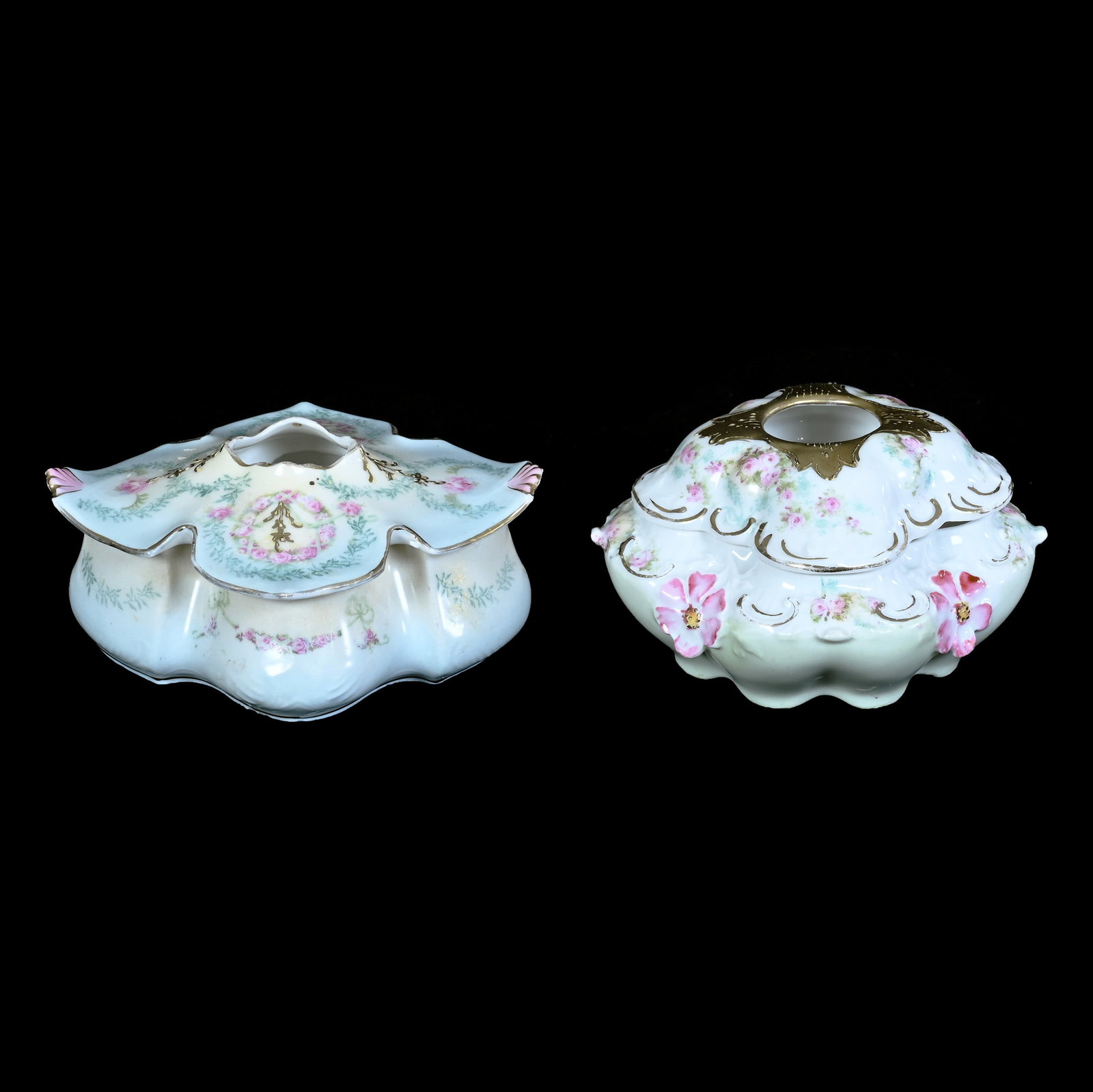 (2) Hair Receivers, Marked R.S. Prussia: (2) Hair Receivers, Marked R.S. Prussia, 2.5 x 4 x 4 Inches, (1) Square Shape, White And Green With Pink Rose Decor, (1) 2.25" x 5" x 4.25" Diamond Shape, Blue And Cream Tones With Pink Rose Wreath De