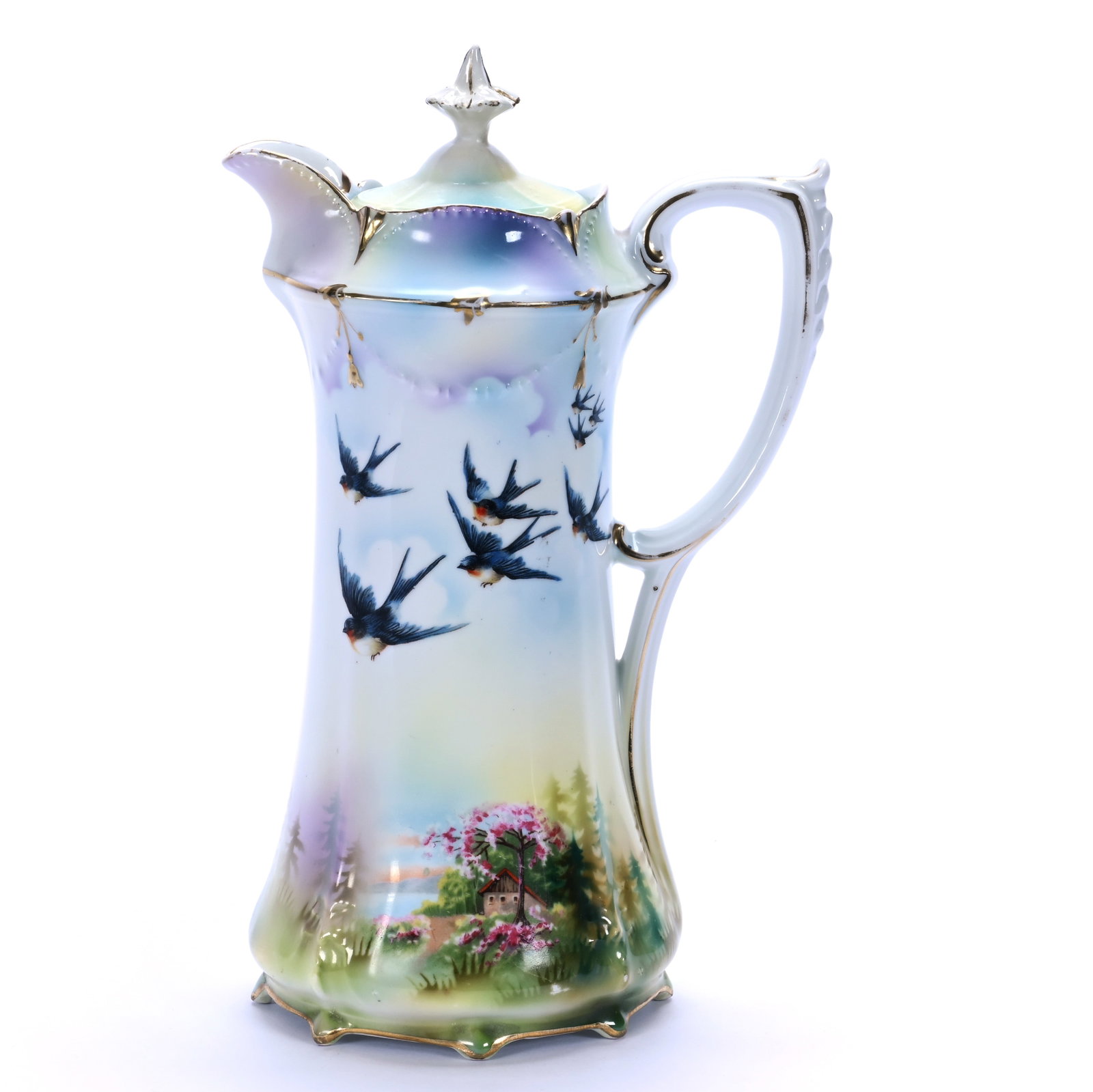 Chocolate Pot, Unmarked R.S. Prussia: Chocolate Pot, Unmarked R.S. Prussia, 10.25 x 6.25 x 4.5 Inches, Green, Yellow, Lavender, And White Tones With Bluebird And Sheepherder Scenic Decor, Lid With Finial Repair, 1.4 Pounds.