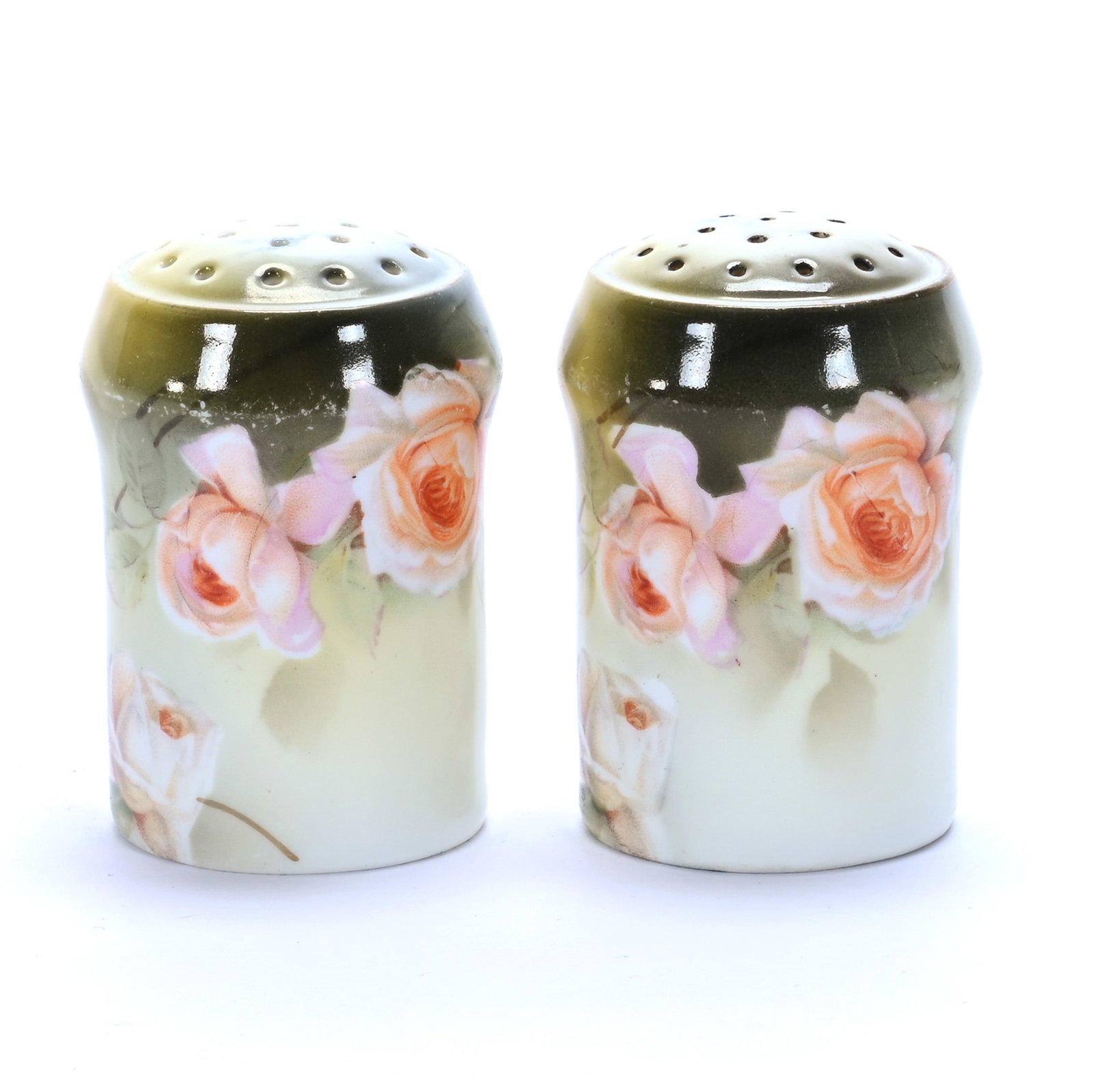 Pair Salt And Pepper Shakers, Marked R.S. Prussia: Pair Salt And Pepper Shakers, Marked R.S. Prussia, 2.5 x 1.75 x 1.75 Inches, Green Tones With Peach Rose Decor, 0.2 Pounds. LiveAuctioneers Invoices Must Be Paid Using the PAY NOW / CHECK OUT Button