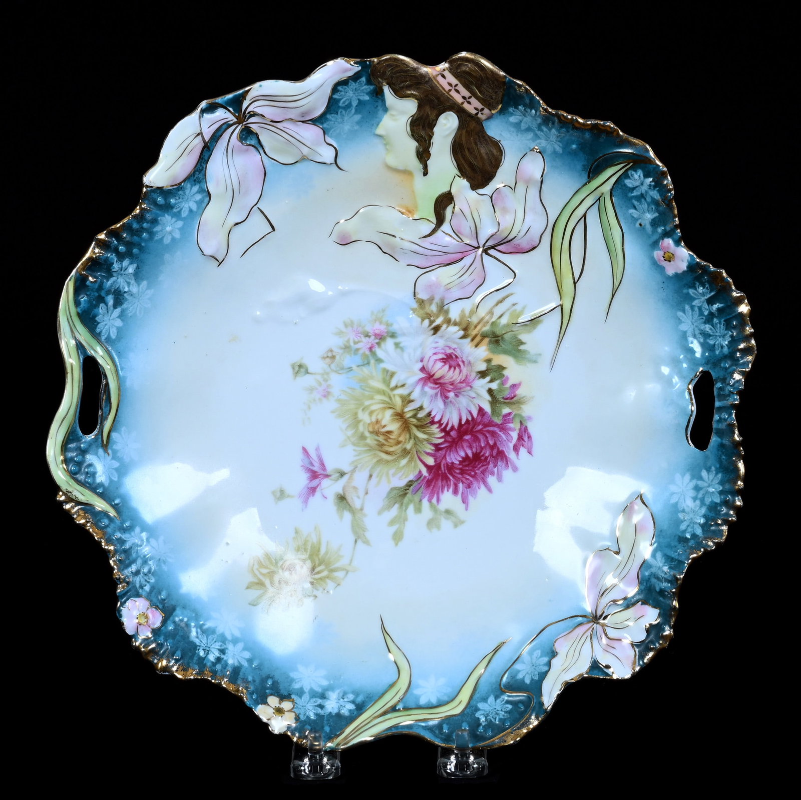 Two Handled Cake Plate, Unmarked R.S. Prussia, Hidden Image Mold: Two Handled Cake Plate, Unmarked R.S. Prussia, Hidden Image Mold, 10.5 x 10.5 x 1.75 Inches, Blue And White With Floral Decor, 1.1 Pounds. LiveAuctioneers Invoices Must Be Paid Using the PAY NOW / CHE