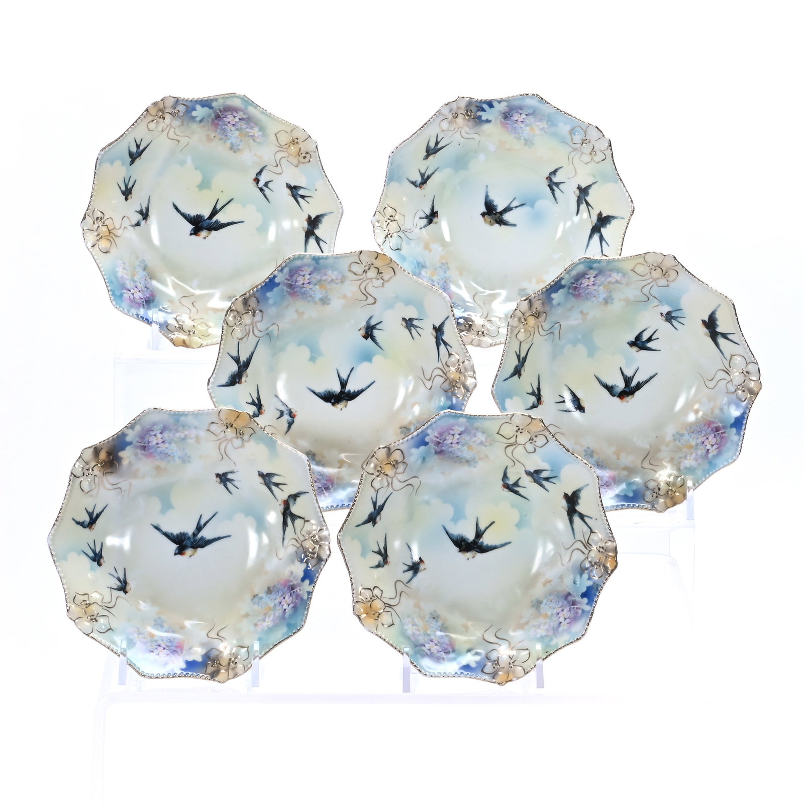 (6) Berry Bowls, Marked R.S. Prussia: (6) Berry Bowls, Marked R.S. Prussia, 5.5 x 5.5 x 1.5 Inches, Cream, Blue, And Lavender Tones With Bluebird And Floral Decor, 1.5 Pounds. LiveAuctioneers Invoices Must Be Paid Using the PAY NOW /