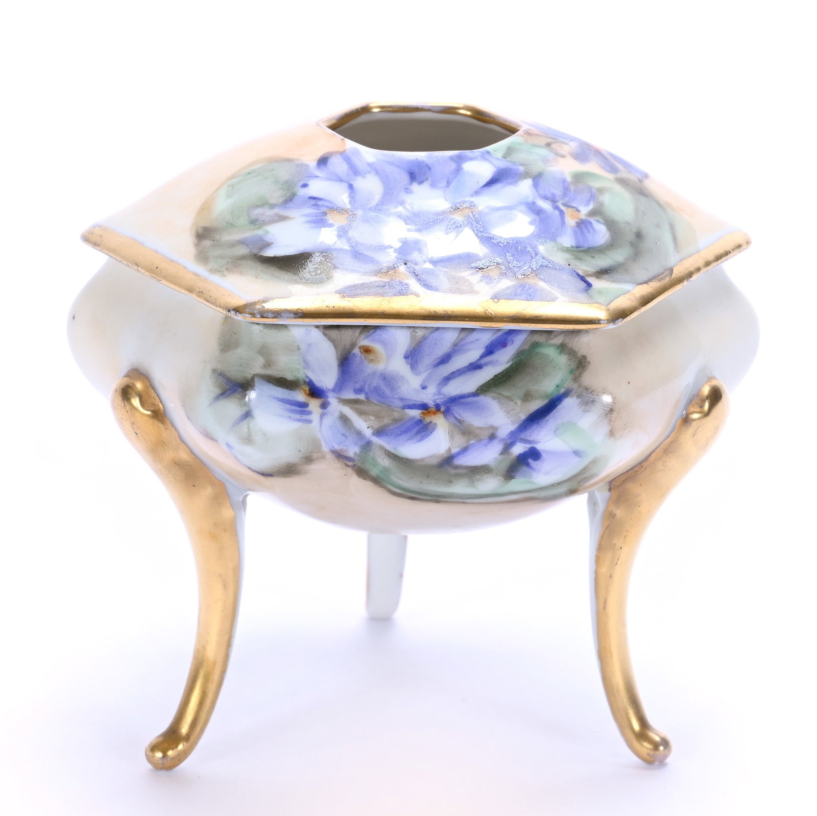 Three Footed Hair Receiver, Marked Vienna Austria: Three Footed Hair Receiver, Marked Vienna Austria, 3.75 x 4 x 4 Inches, Hand Painted Violet Decor, 0.4 Pounds. LiveAuctioneers Invoices Must Be Paid Using the PAY NOW / CHECK OUT Button Which