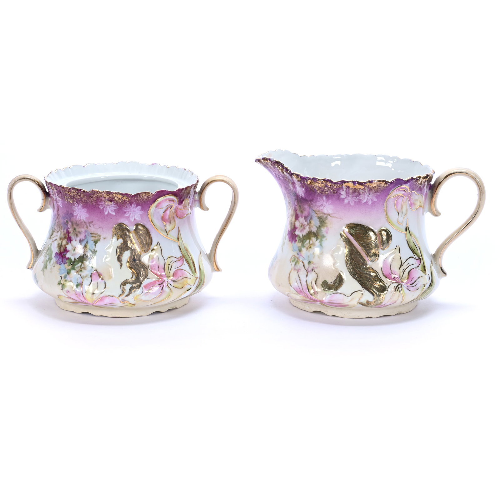 Creamer And Sugar, Unmarked R.S. Prussia, Hidden Image Mold: Creamer And Sugar, Unmarked R.S. Prussia, Hidden Image Mold, 3.25 x 5.25 x 4 Inches, Lavender, White, And Cream Tones With Floral Decor, No Lid On Sugar, Sugar And Creamer Each Have A Handle Crack, Su