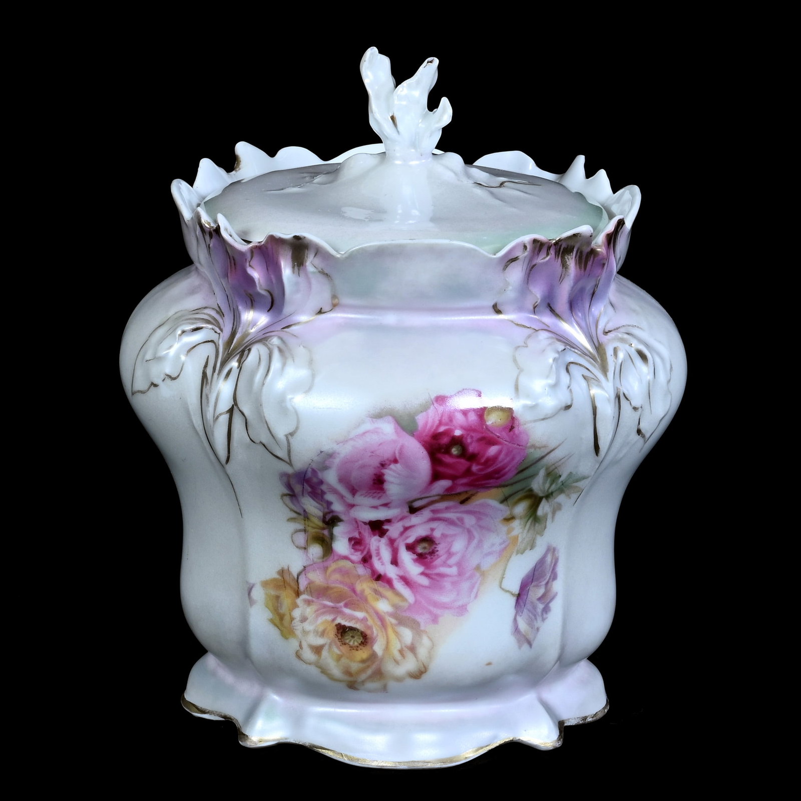 Biscuit Jar, Marked R.S. Prussia, Iris Mold: Biscuit Jar, Marked R.S. Prussia, Iris Mold, 7 x 5.5 x 5.5 Inches, White, Lavender, And Green Satin Finish With Poppy Decor, 1.5 Pounds. LiveAuctioneers Invoices Must Be Paid Using the PAY NOW / CHECK