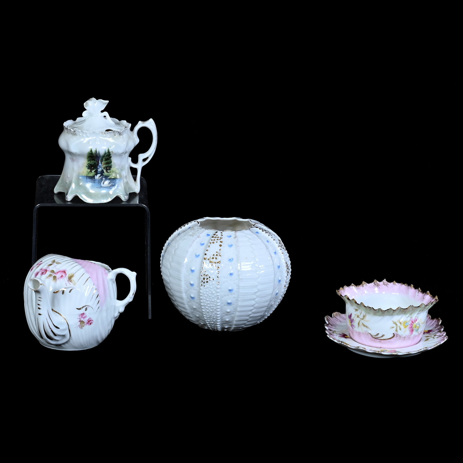 (4) R.S. Prussia Items, Unmarked: (4) R.S. Prussia Items, Unmarked, 3.5 x 4.5 x 4.5 Inches, (1) Rose Bowl, (1) 3" x 4.5" Invalid Feeder, (1) 3.5" x 3.5" Mustard Jar With Swan Decor, (1) 2" x 4.5" Custard Cup And Saucer, 1.1 Pounds. Li
