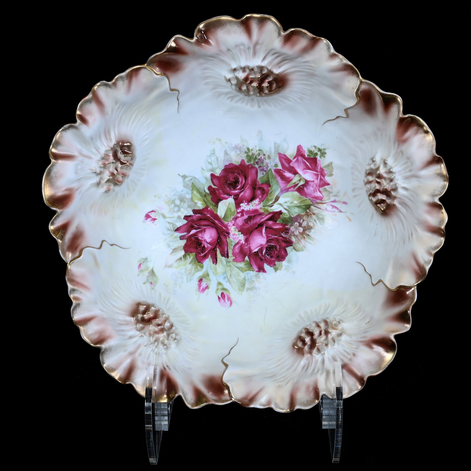 Bowl, Unmarked R.S. Prussia, Sunflower Mold: Bowl, Unmarked R.S. Prussia, Sunflower Mold, 10.5 x 10.5 x 3 Inches, Bronze, Yellow, And White Satin Finish With Rose Decor, Hairline, 1.2 Pounds. LiveAuctioneers Invoices Must Be Paid Using the PAY N
