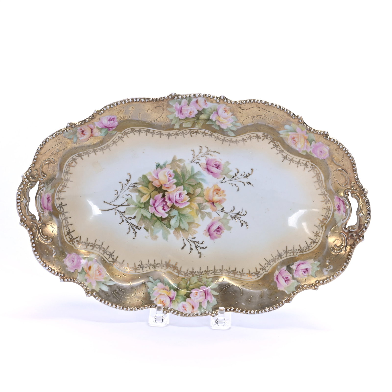 Bread Bowl, Unmarked R.S. Prussia: Bread Bowl, Unmarked R.S. Prussia, 12.5 x 8 x 2.5 Inches, Cream And White With Pink Rose Decor And Heavy Gold Border, 1.2 Pounds. LiveAuctioneers Invoices Must Be Paid Using the PAY NOW / CHECK OUT Bu