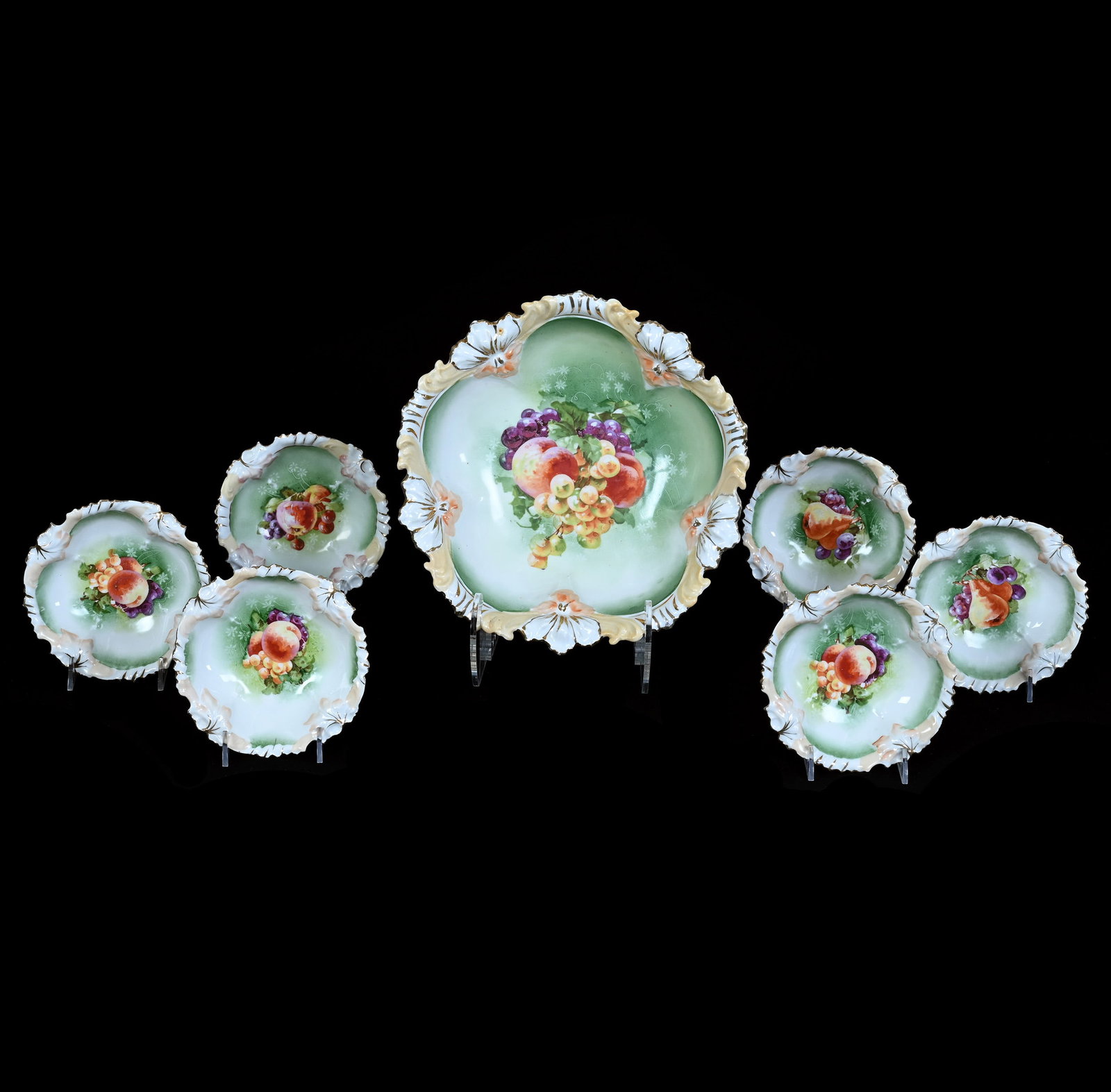 Berry Set, Marked R.S. Prussia: Berry Set, Marked R.S. Prussia, 10.5 x 10.5 x 3.25 Inches, Fruit Decor, Green And White Ground With Pink, Cream, And White Border, 3.1 Pounds. LiveAuctioneers Invoices Must Be Paid Using the PAY NOW /