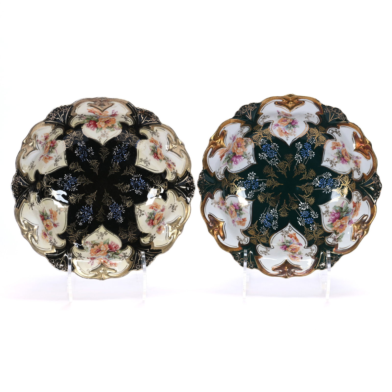 (2) Bowls, Unmarked R.S. Prussia: (2) Bowls, Unmarked R.S. Prussia, 10.5 x 10.5 x 3 Inches, Identical Mold, (1) Features Black Center With Yellow Domes And Floral Decor With Gold Stencil And Blue Enamel Highlights, (1) Features Green 