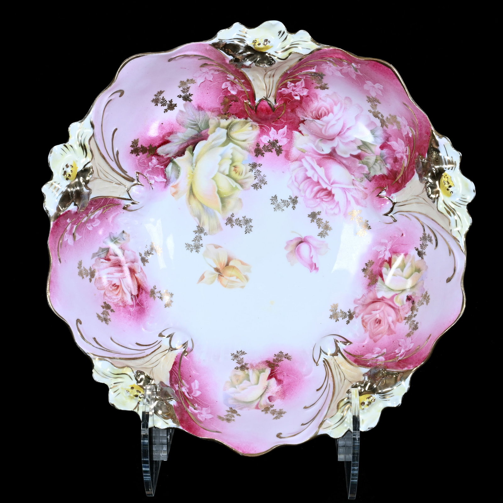 Bowl, Unmarked R.S. Prussia, Lily Mold: Bowl, Unmarked R.S. Prussia, Lily Mold, 10.5 x 10.5 x 3 Inches, Pink And White Tones With Pink And Yellow Rose Decor, 1.1 Pounds. LiveAuctioneers Invoices Must Be Paid Using the PAY NOW / CHECK OUT Bu