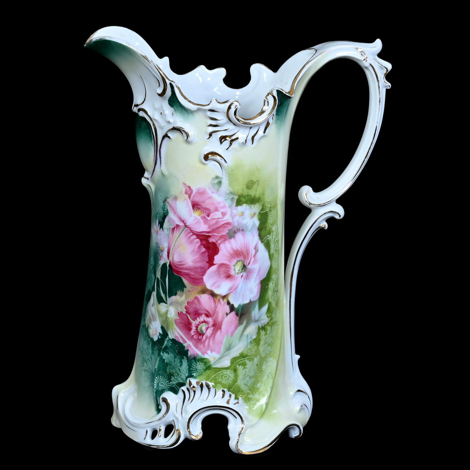 Tankard, Marked R.S. Prussia: Tankard, Marked R.S. Prussia, 11.75 x 8.75 x 5.25 Inches, Green, Yellow, And White Tones With Pink Poppy Decor, 2.4 Pounds. LiveAuctioneers Invoices Must Be Paid Using the PAY NOW / CHECK OUT Button