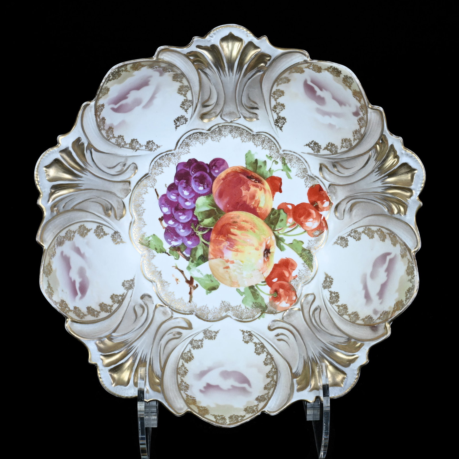 Bowl, Marked R.S. Prussia: Bowl, Marked R.S. Prussia, 10.75 x 10.75 x 3 Inches, Gray, Lavender, And White Satin Finish With Fruit Decor, Nice Gold Highlights, 1.3 Pounds. LiveAuctioneers Invoices Must Be Paid Using the PAY NOW